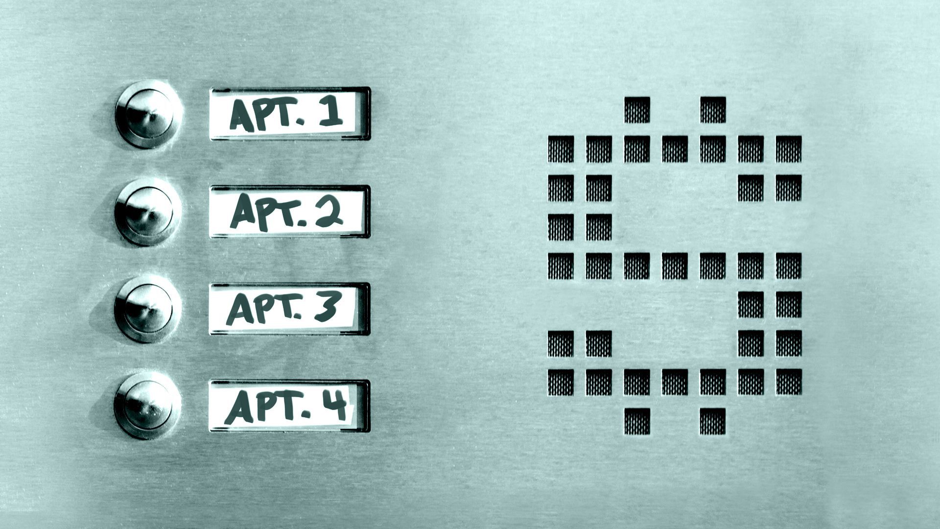 Illustration of apartment doorbells with an intercom shaped like a dollar sign.
