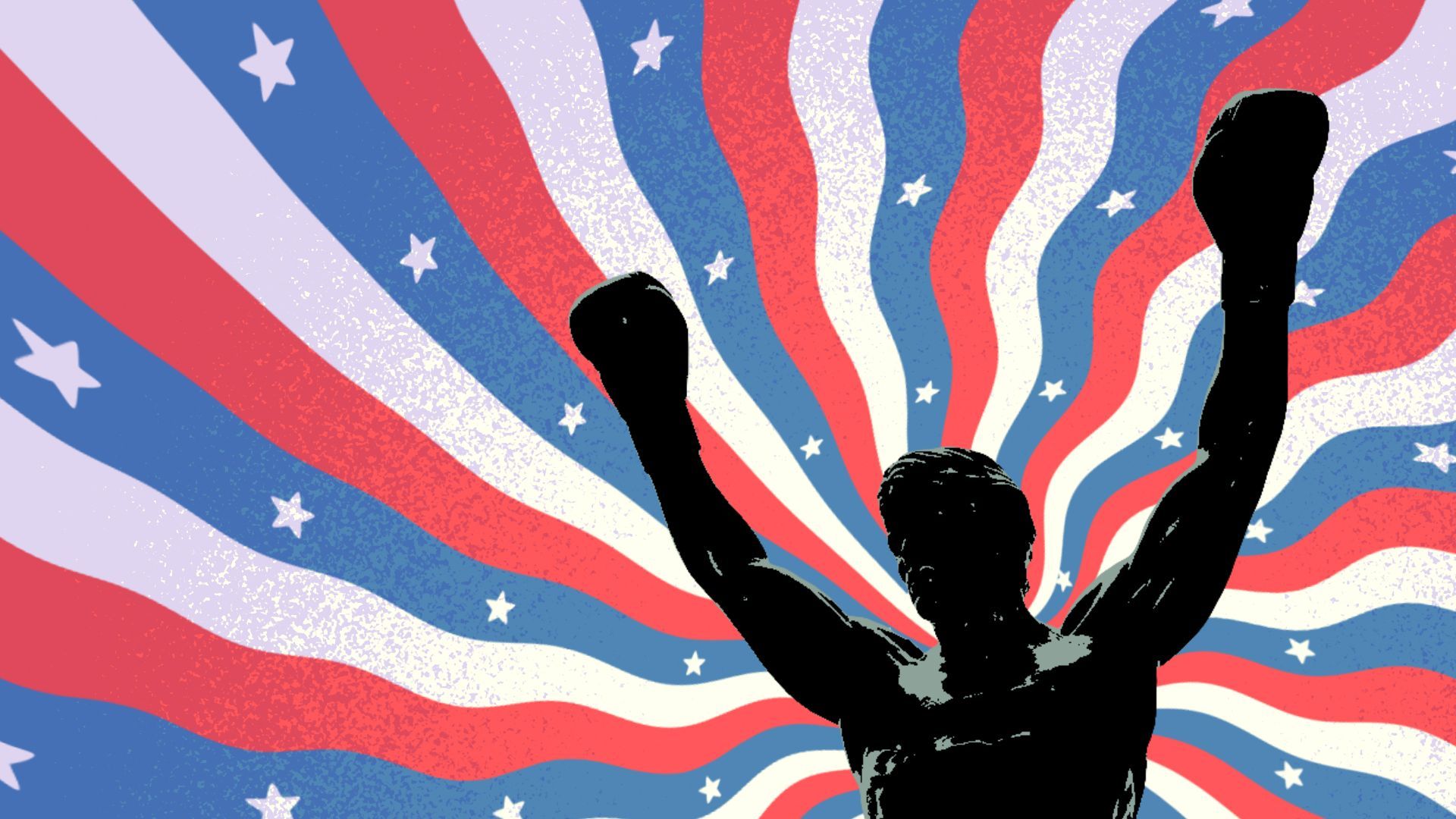Photo illustration of the Philadelphia Rocky statue with wavy red white and blue stars and stripes coming from behind it. 