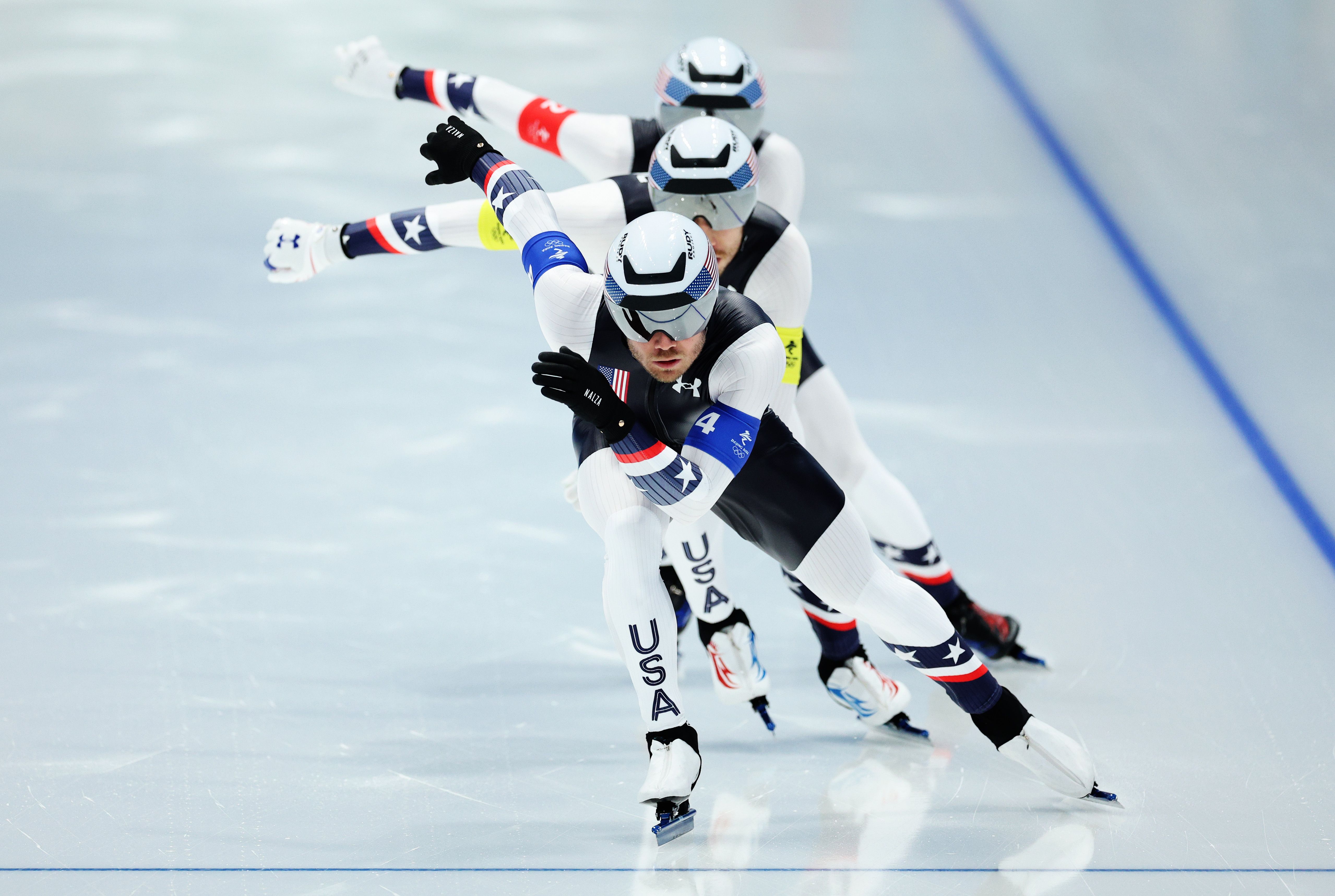 Team United States skate during the Men's Team Pursuit Final B on day eleven of the Beijing 2022 Winter Olympic Games at National Speed Skating Oval on February 15, 2022 in Beijing, China. 