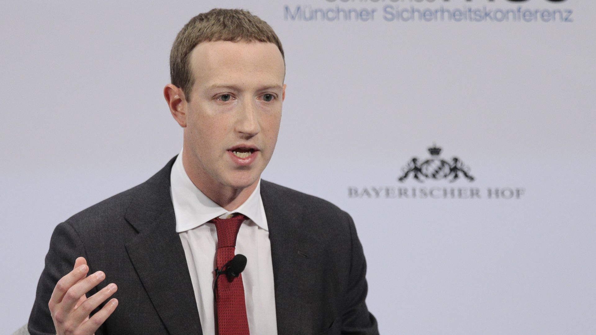 Founder and CEO of Facebook Mark Zuckerberg makes a speech as he attends the 56th Munich Security Conference at Bayerischer Hof Hotel in Munich, Germany on February 15