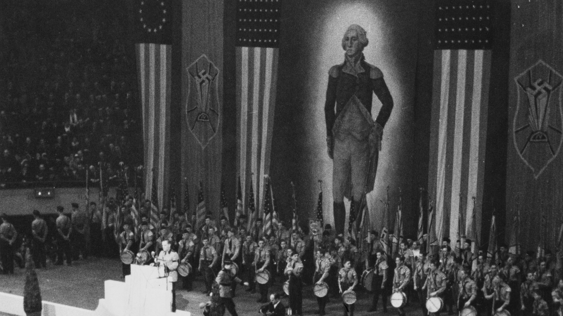 A large portrait of George Washington flanked by Swastikas and American flags are featured during a German American Bund Nazi rally at Madison Square Garden in New York City in February 1939.