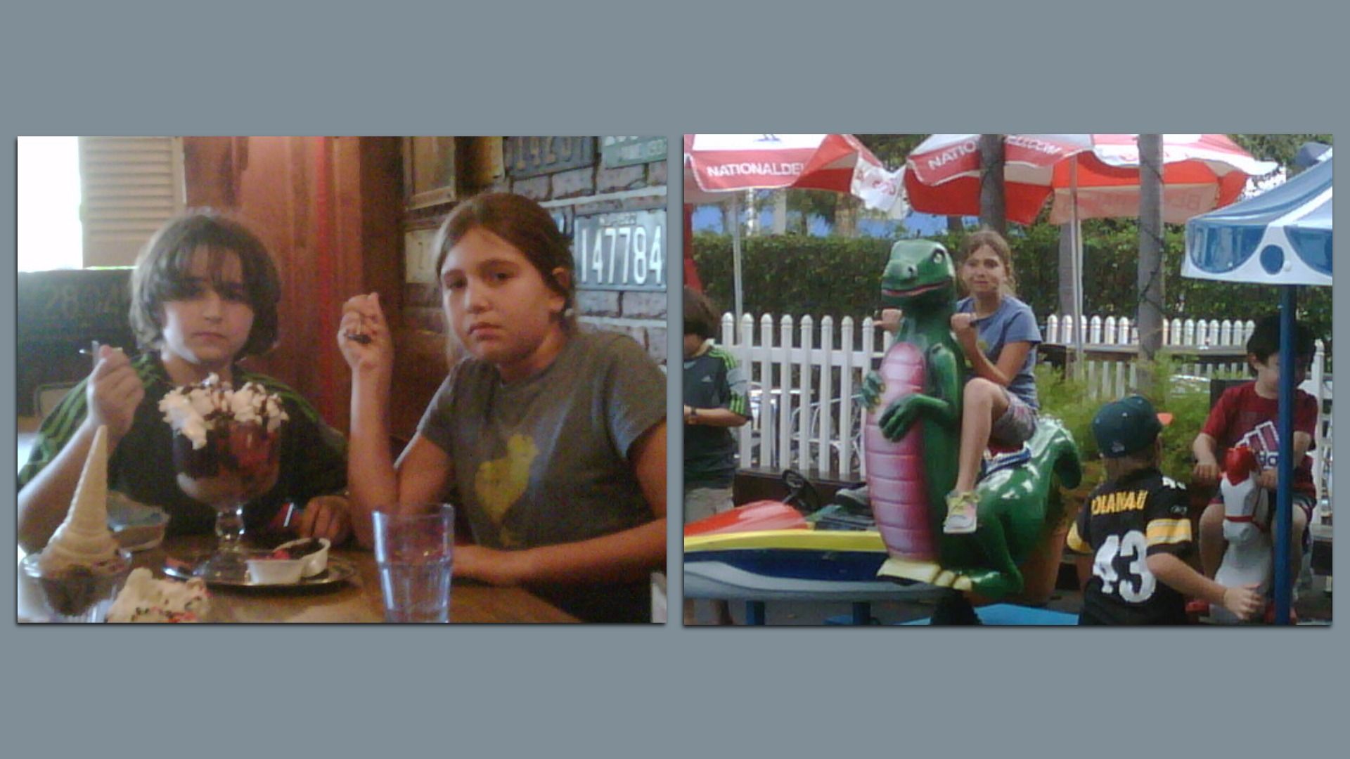 Two-panel image: Left panel shows two kids at a table with dessert and drinks; right panel features a girl riding a green dinosaur ride at a carnival with red umbrellas and a white picket fence.