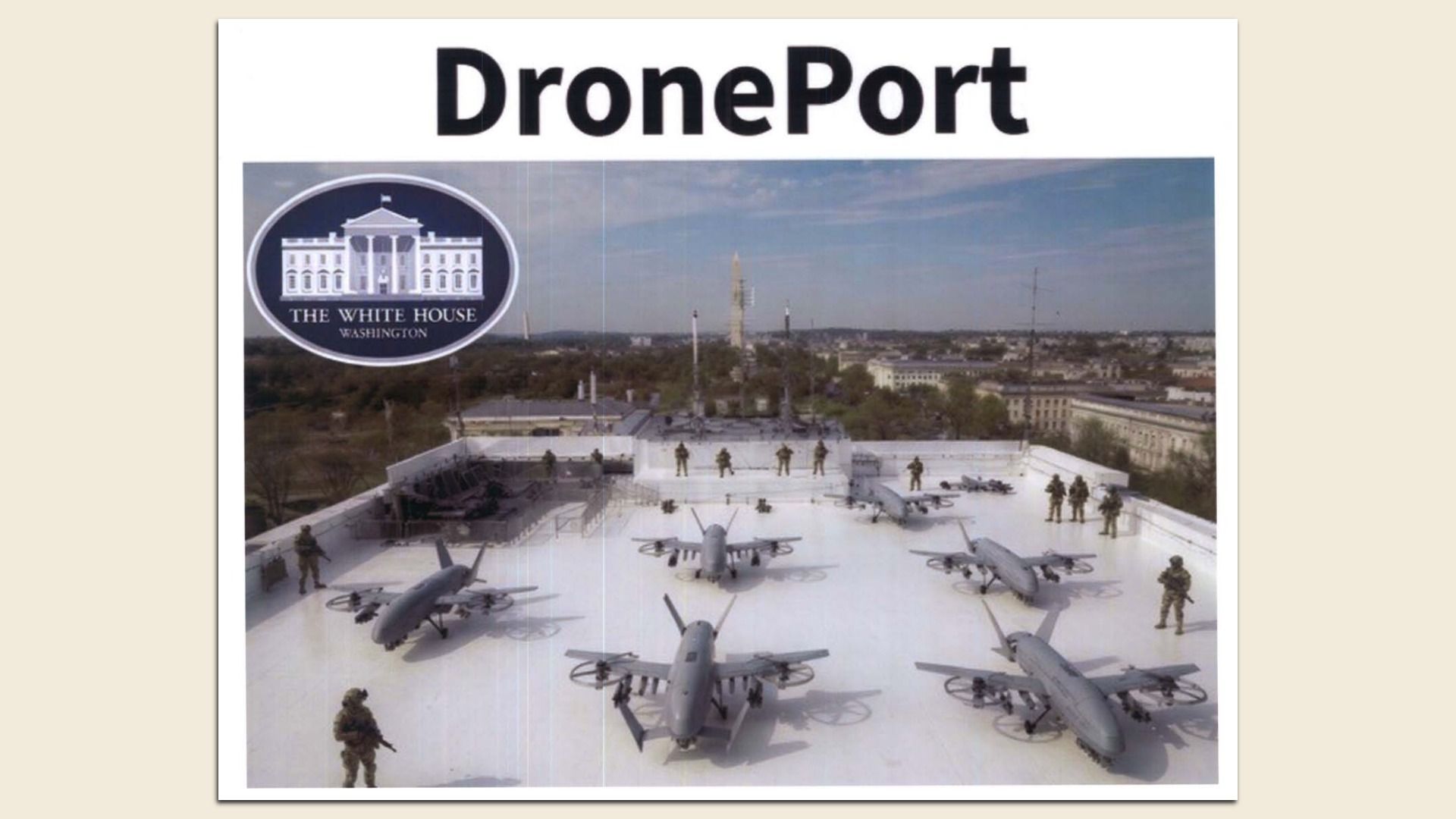 DronePort title above a rooftop full of military drones and soldiers; a circular sign reads "The White House, Washington" on the left, with a distant city skyline.