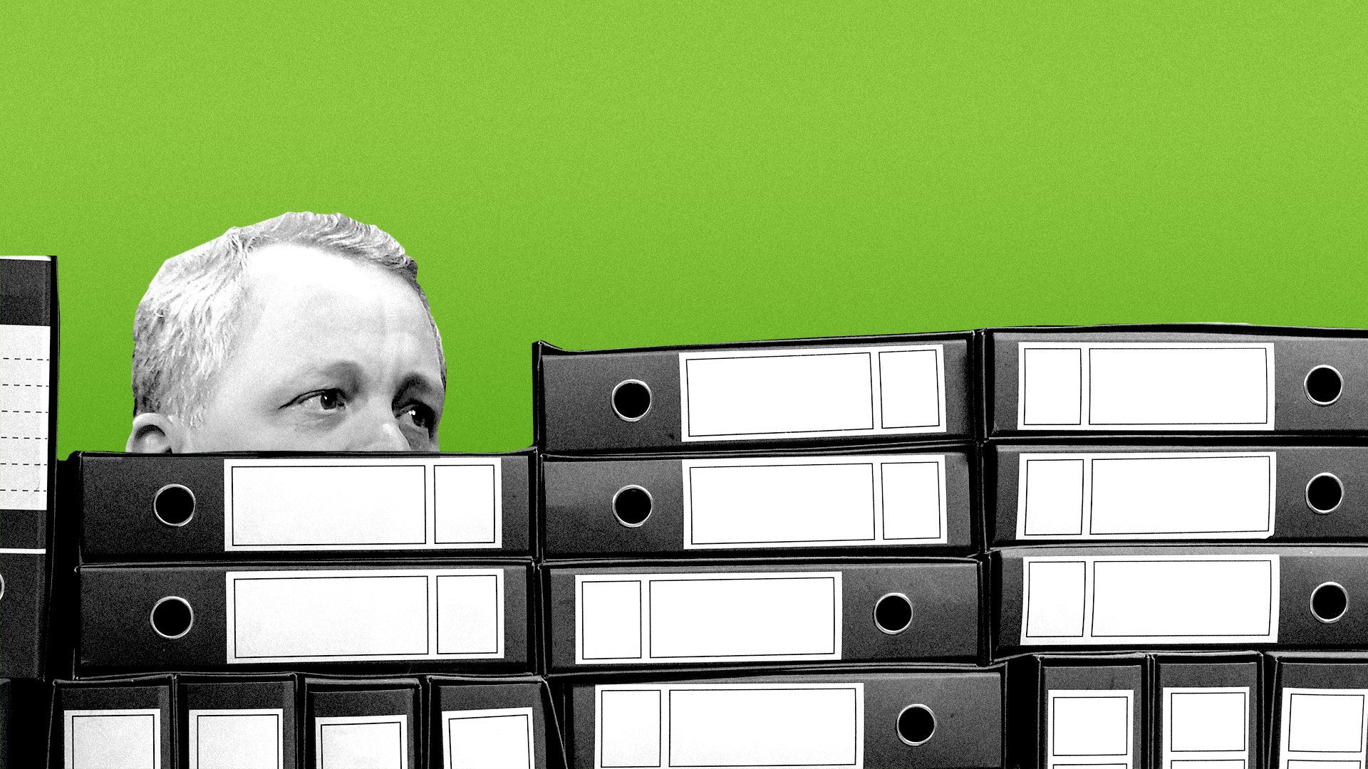 Illustration of Bill McGlashan buried under a stack of legal binders.