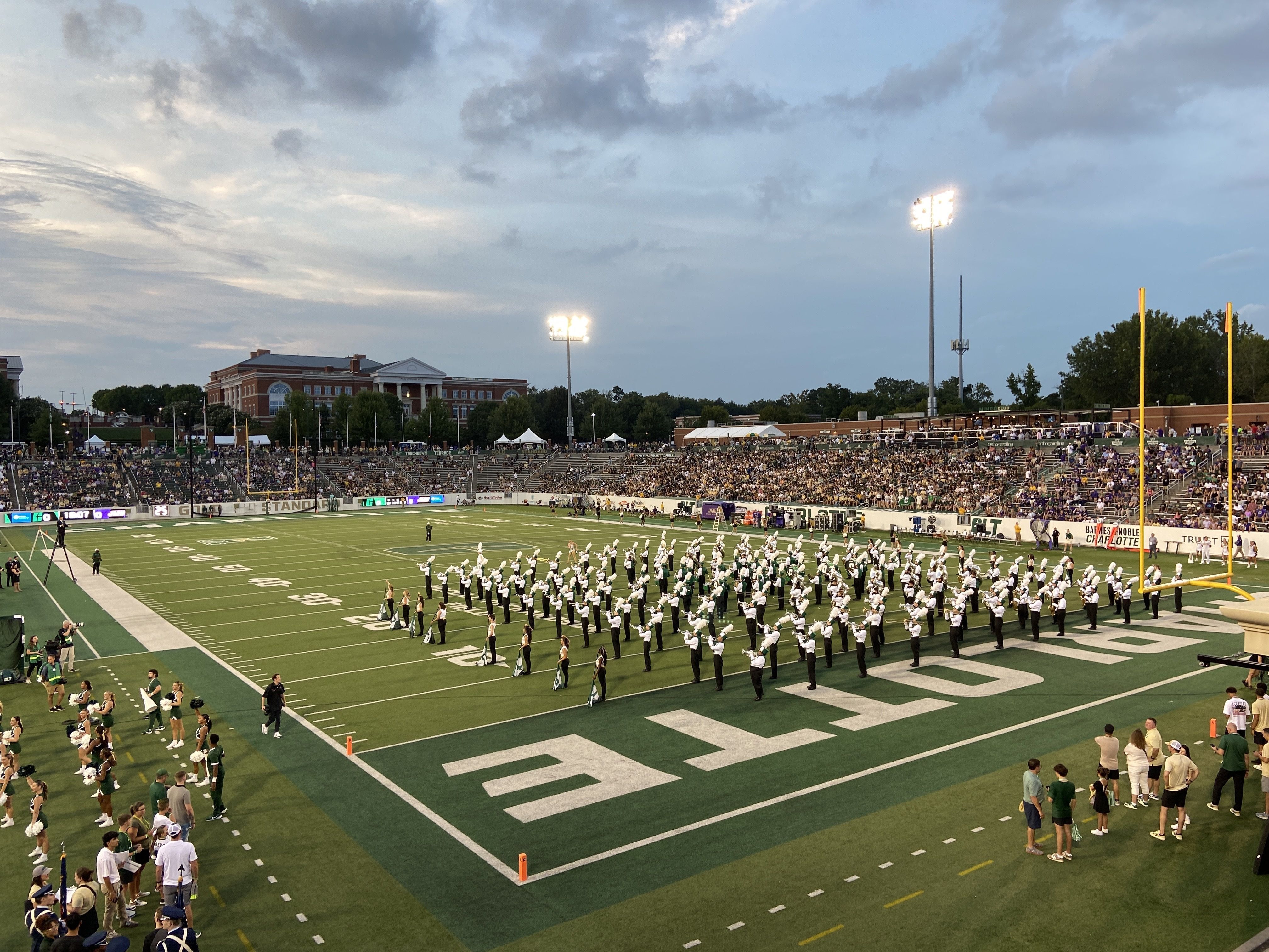 Charlotte 49ers band plays before a football game at Jerry Richardson Field.
