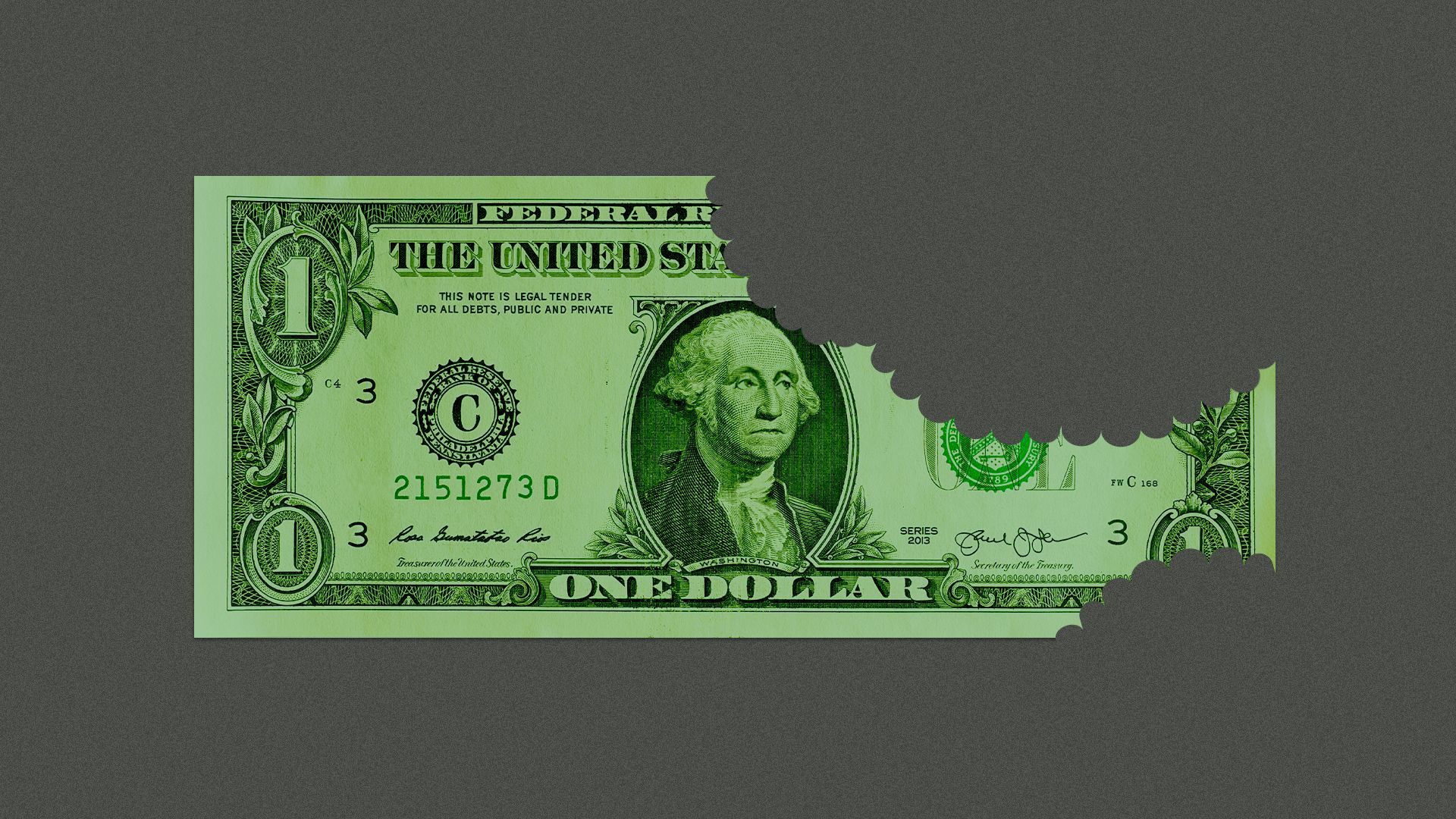 Illustration of a half eaten one dollar bill with George Washington looking over worryingly. 