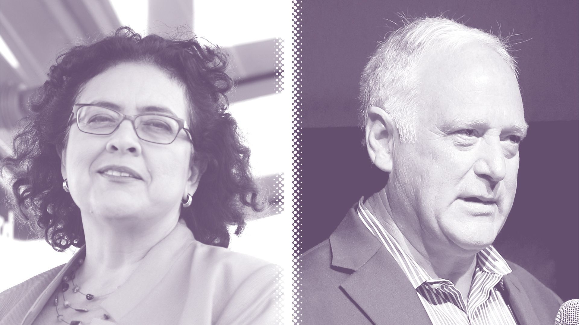 Photo illustration of Celia Israel, and Kirk Watson.