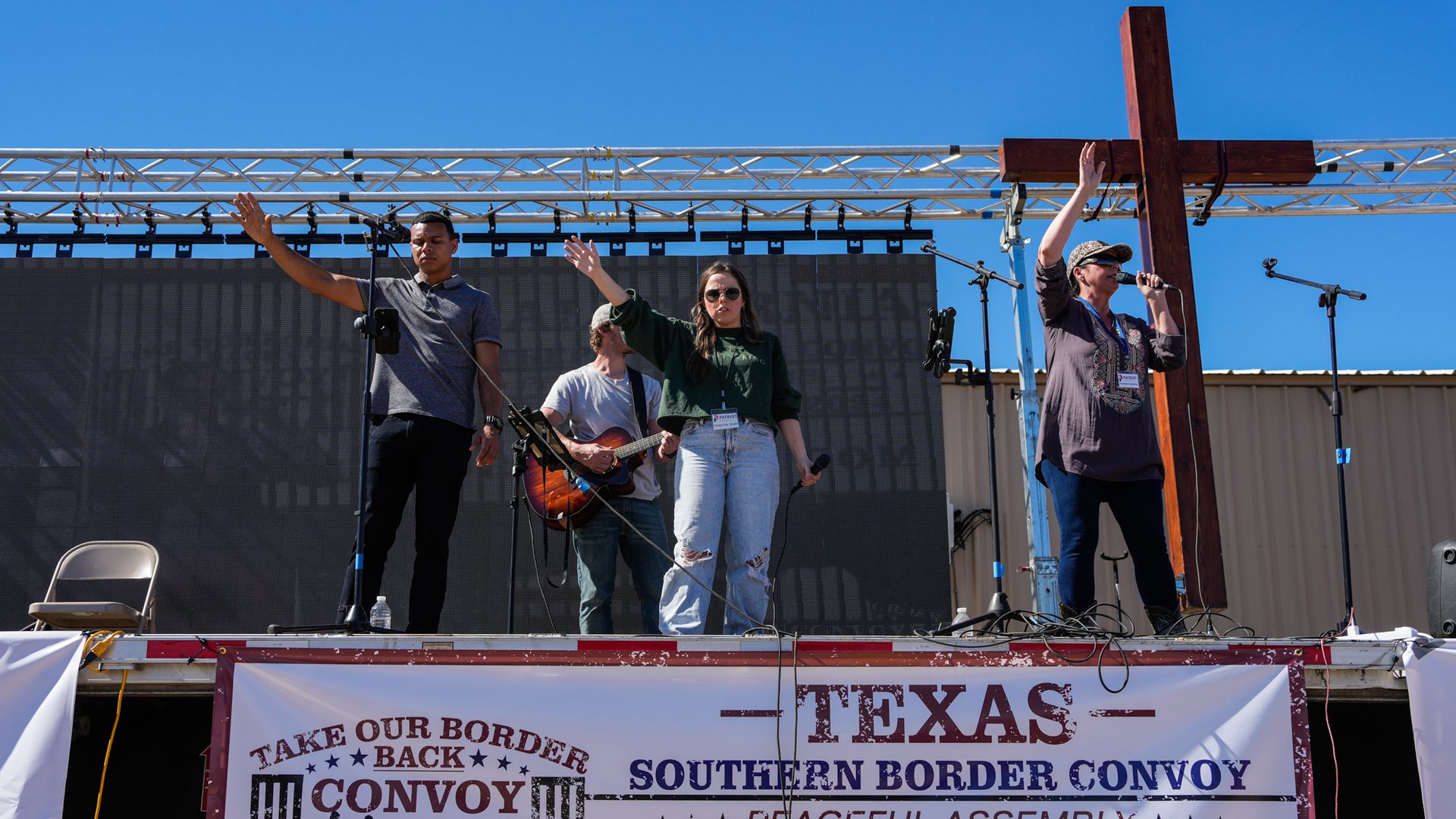 Christian nationalists  led in prayer as part of the Take Our Border back Convoy on February 3, 2024 in Quemado, Texas.