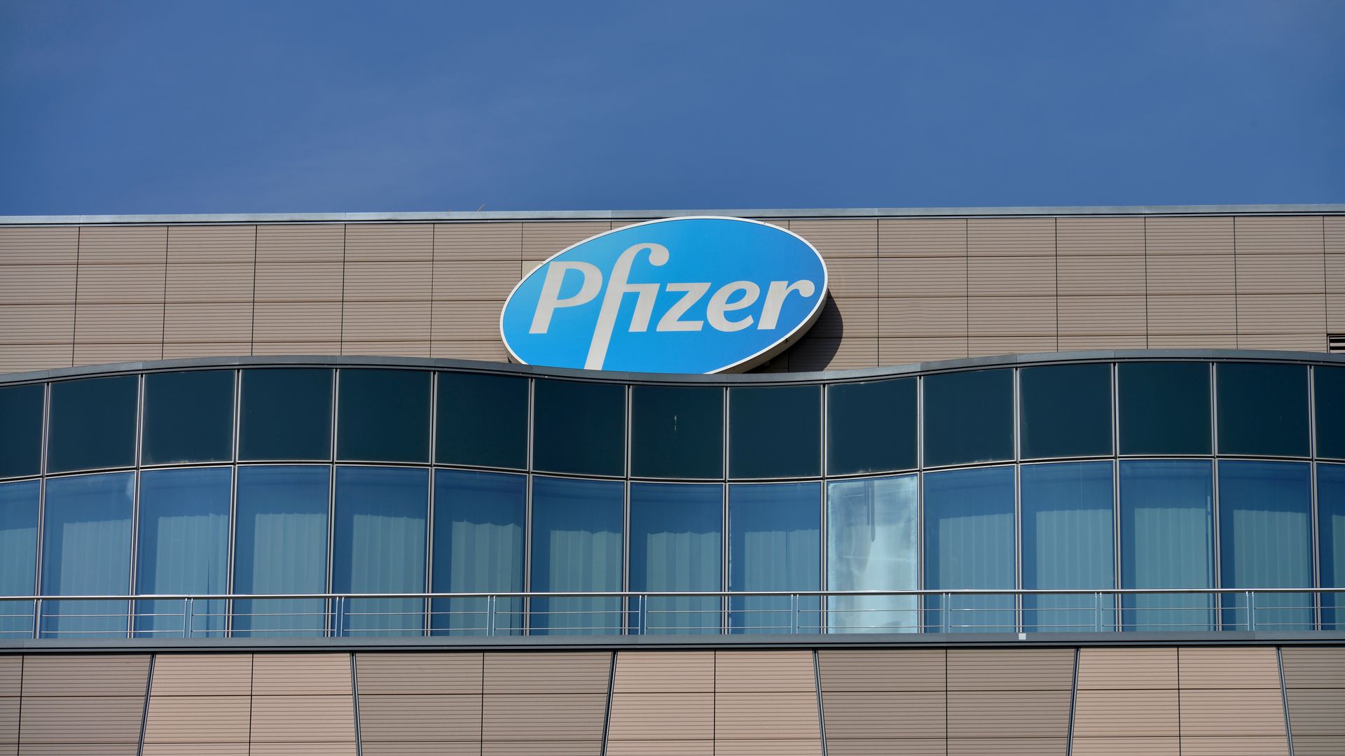 A building with the Pfizer logo.