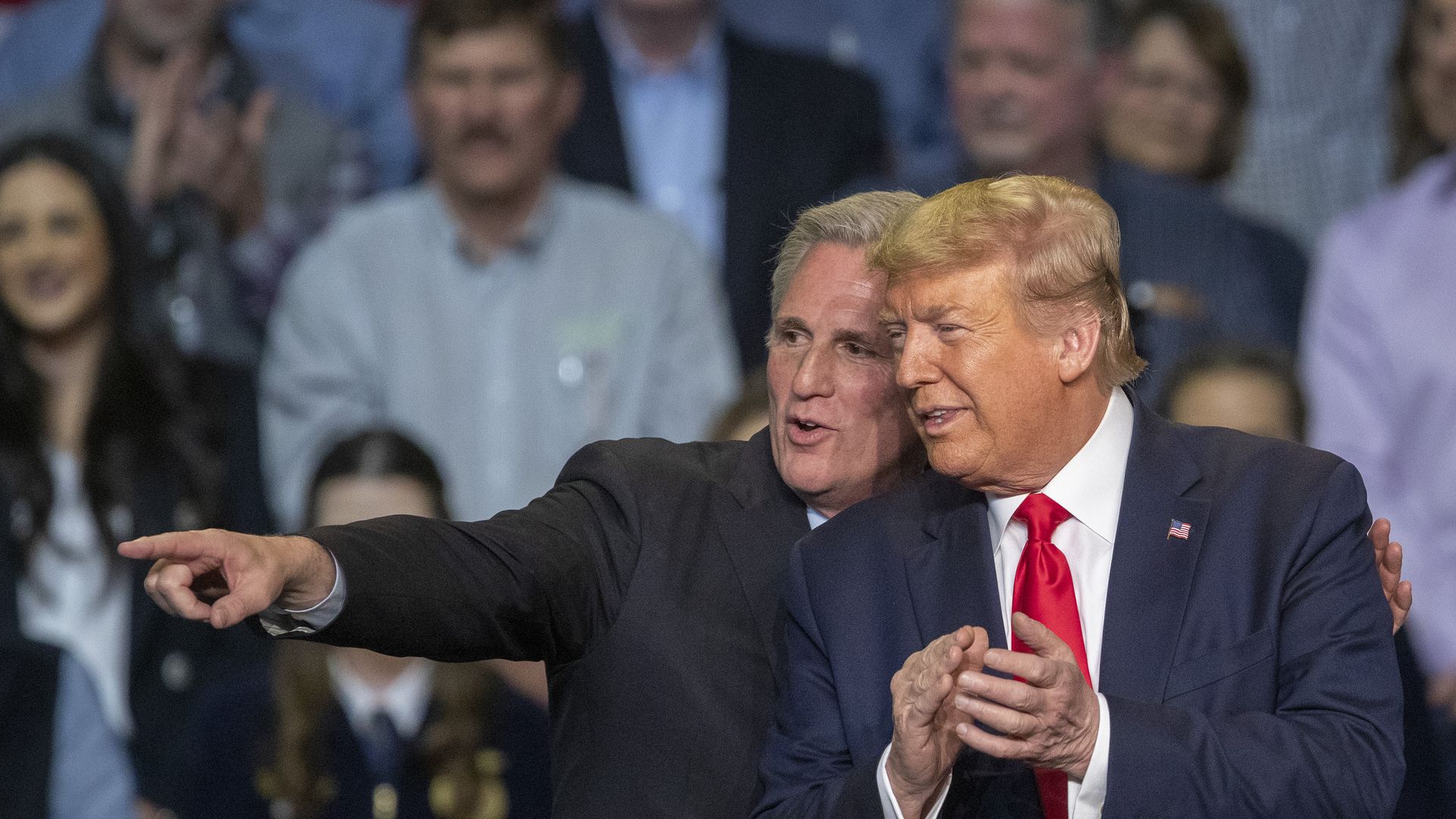 Former House Speaker Kevin McCarthy, left, and former President Trump at a rally.