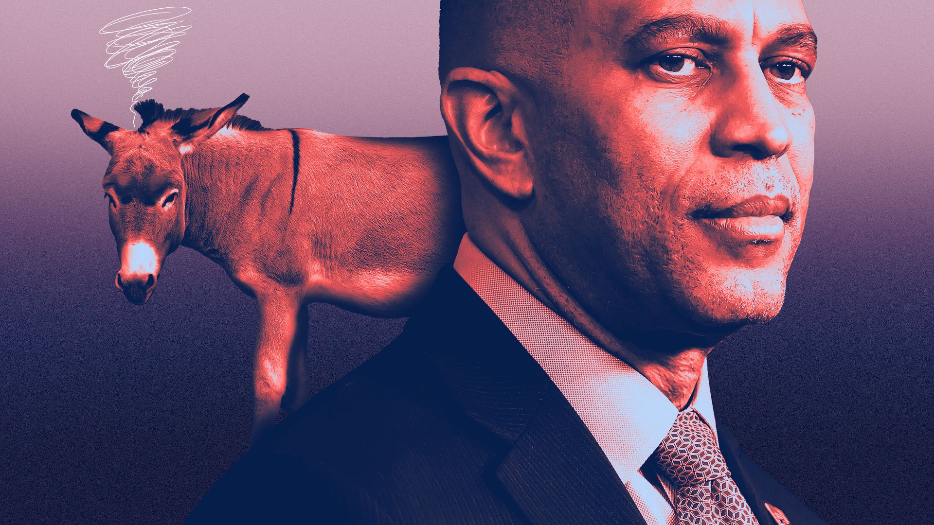 Photo illustration of House Minority Leader Hakeem Jeffries with an angry donkey behind him