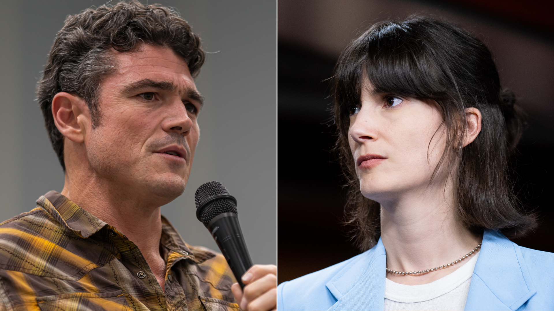 Joe Kent speaks into a microphone at left, while wearing a yellow and tan plaid shirt. Marie Gluesenkamp Perez at right looks to her right, wearing a light blue blazer and white shirt beneath.