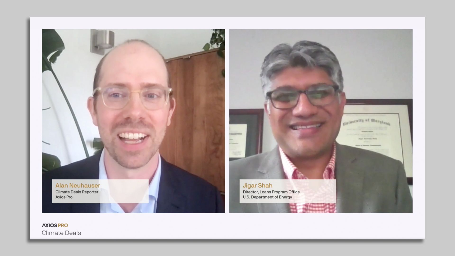 A side-by-side screenshot of Alan Neuhauser in a button up shirt and blazer with Jigar Shah in a button-up shirt and blazer.