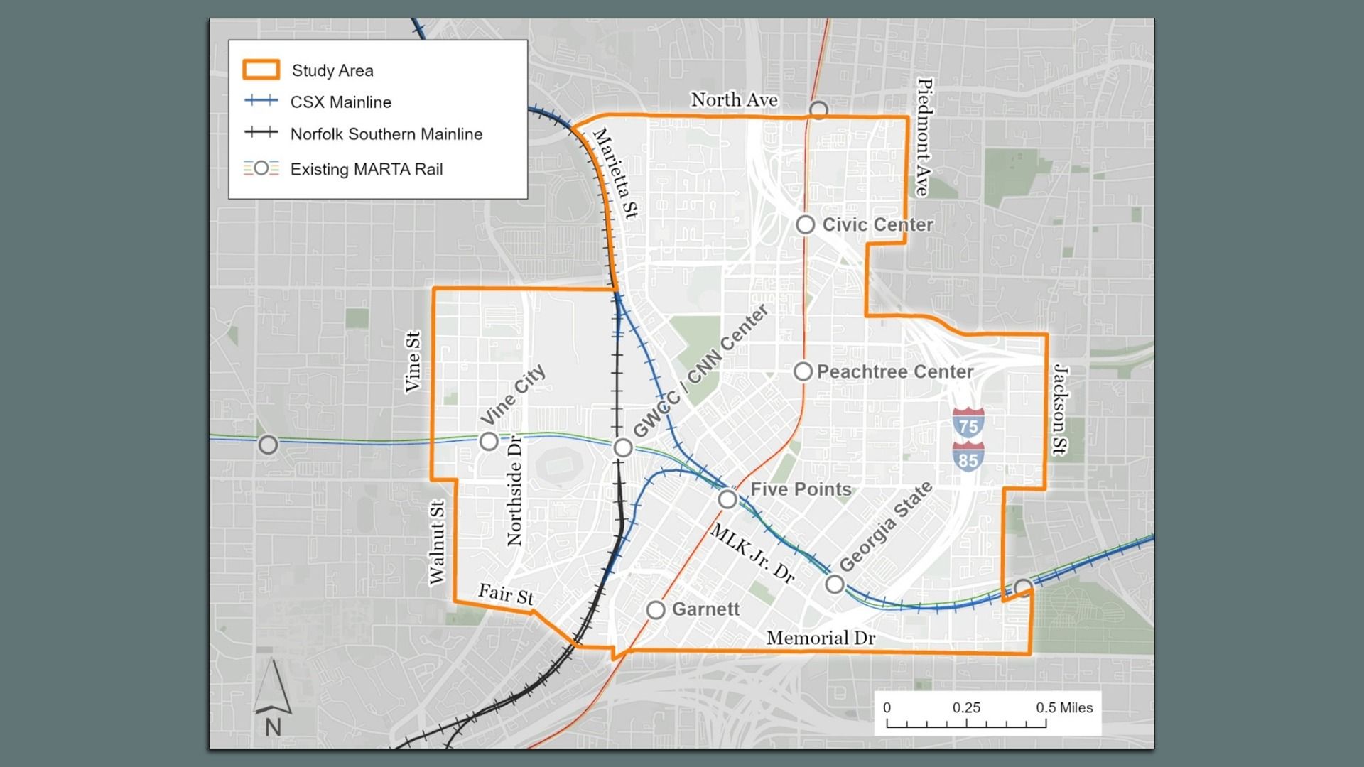 Map showing a study area outlined in orange with major streets and rail lines including CSX Mainline, Norfolk Southern Mainline, and MARTA Rail in a city layout. Key locations labeled.