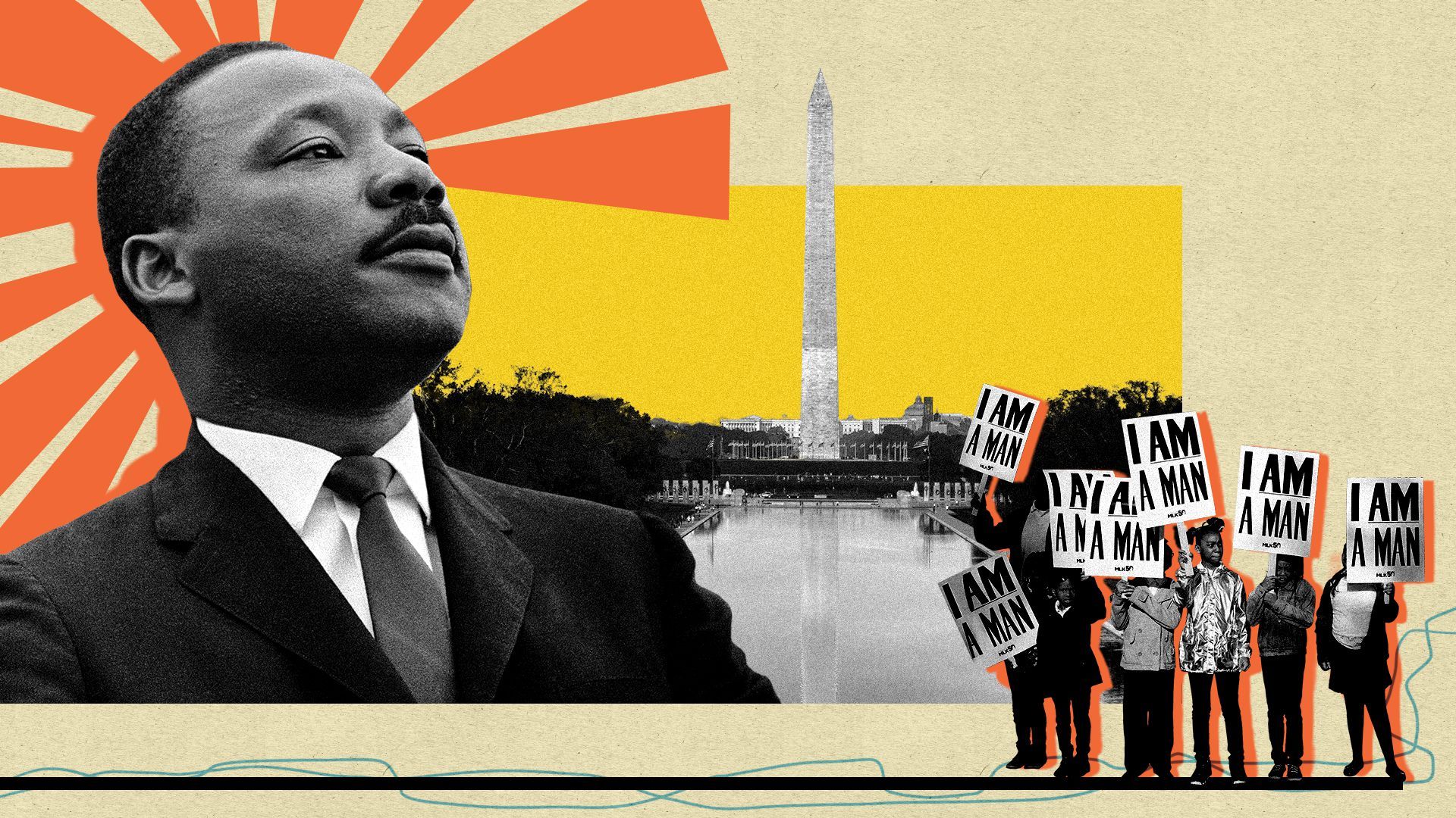 Photo illustration of Dr. Martin Luther King Jr. and children holding "I am a Man" signs with the WashingtonMonument in the background.