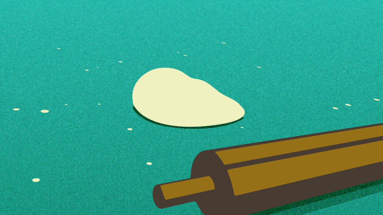 Animated illustration of a rolling pin rolling over a ball of dough, and flattening it into a dollar sign.