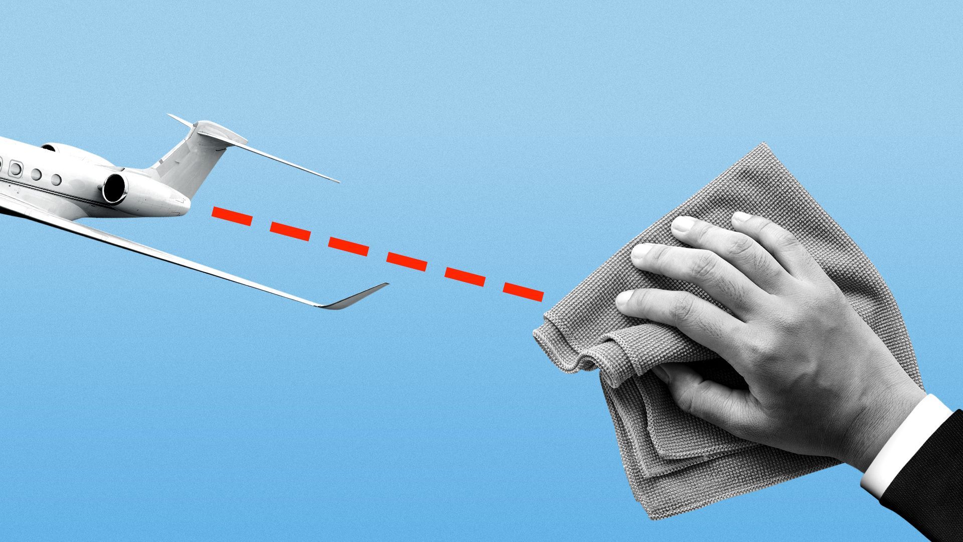 Illustration of a hand wiping away a dotted line coming out of a private jet flying off screen. 