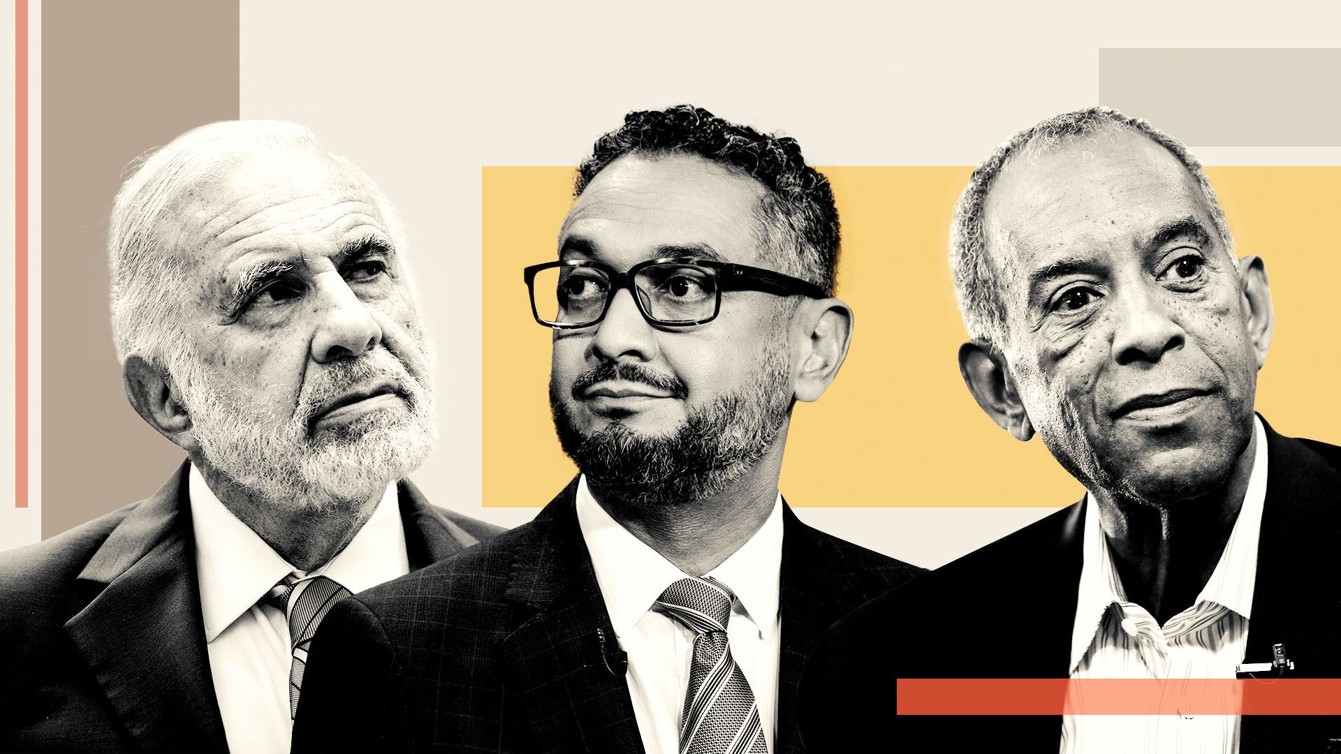 Photo illustration of Carl Icahn and Francis de Souza and John Thompson of Illumina surrounded by rectangles