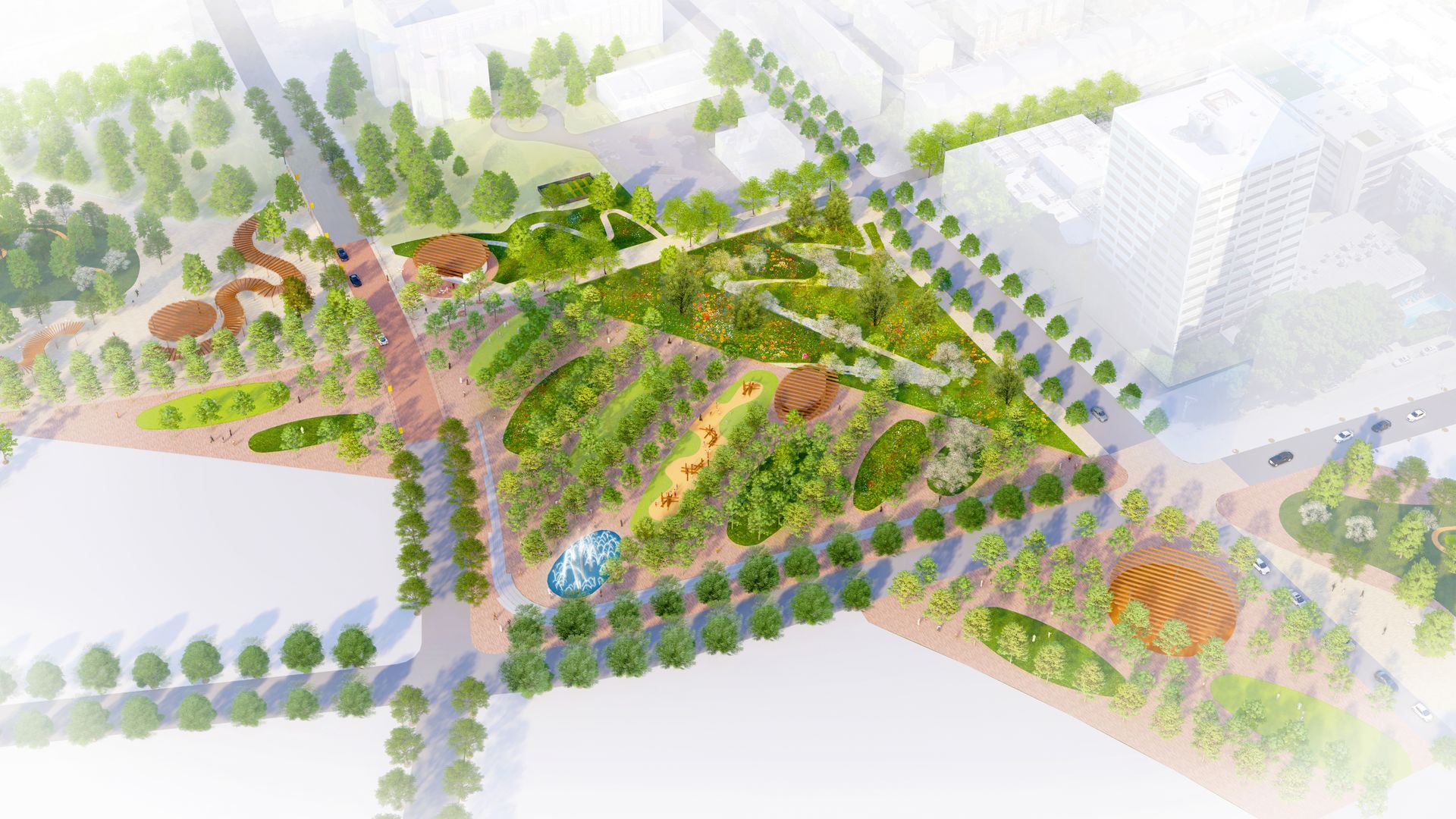 A rendering aerial view of a park lined with trees in the middle of an urban environment.