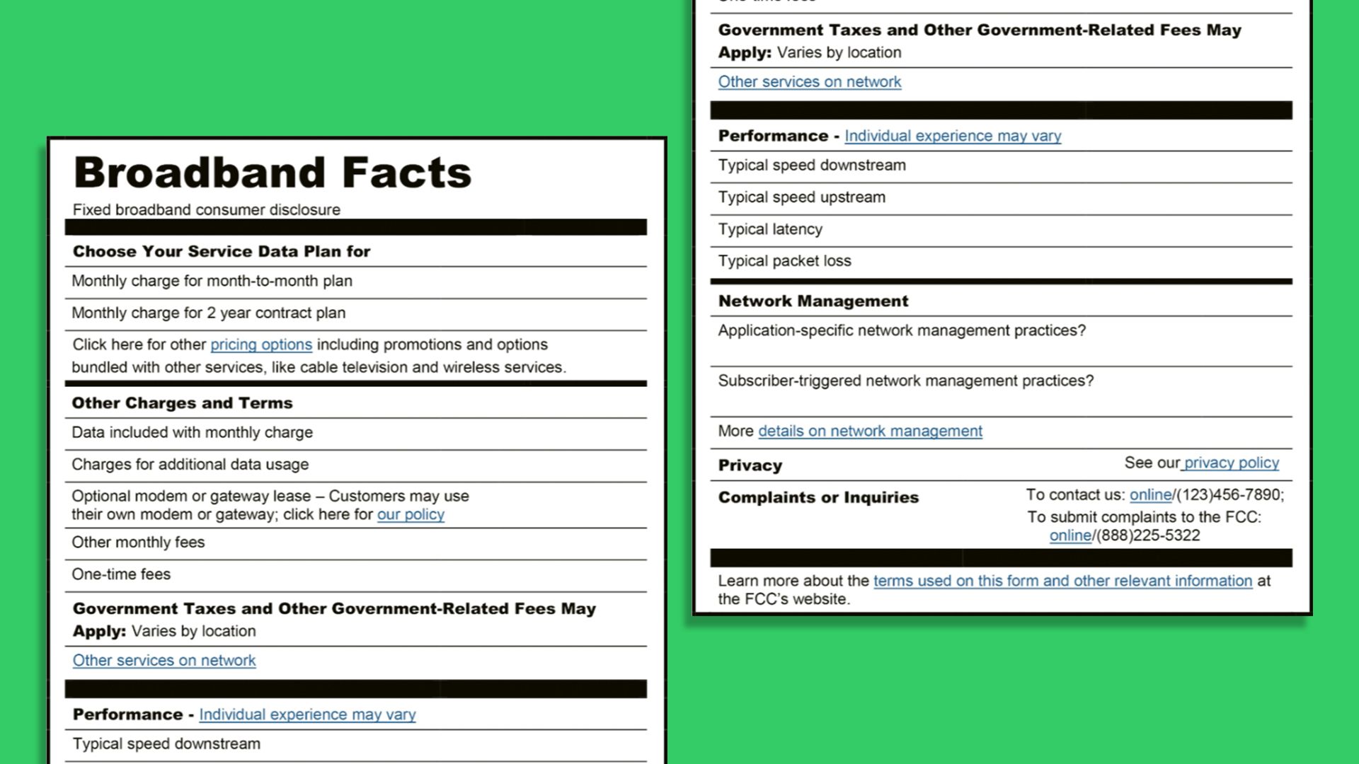 Image of the FCC's example broadband label