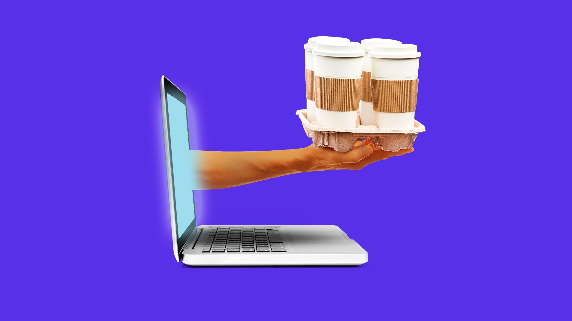 Illustration of a hand holding a coffee caddy coming out of a laptop screen. 