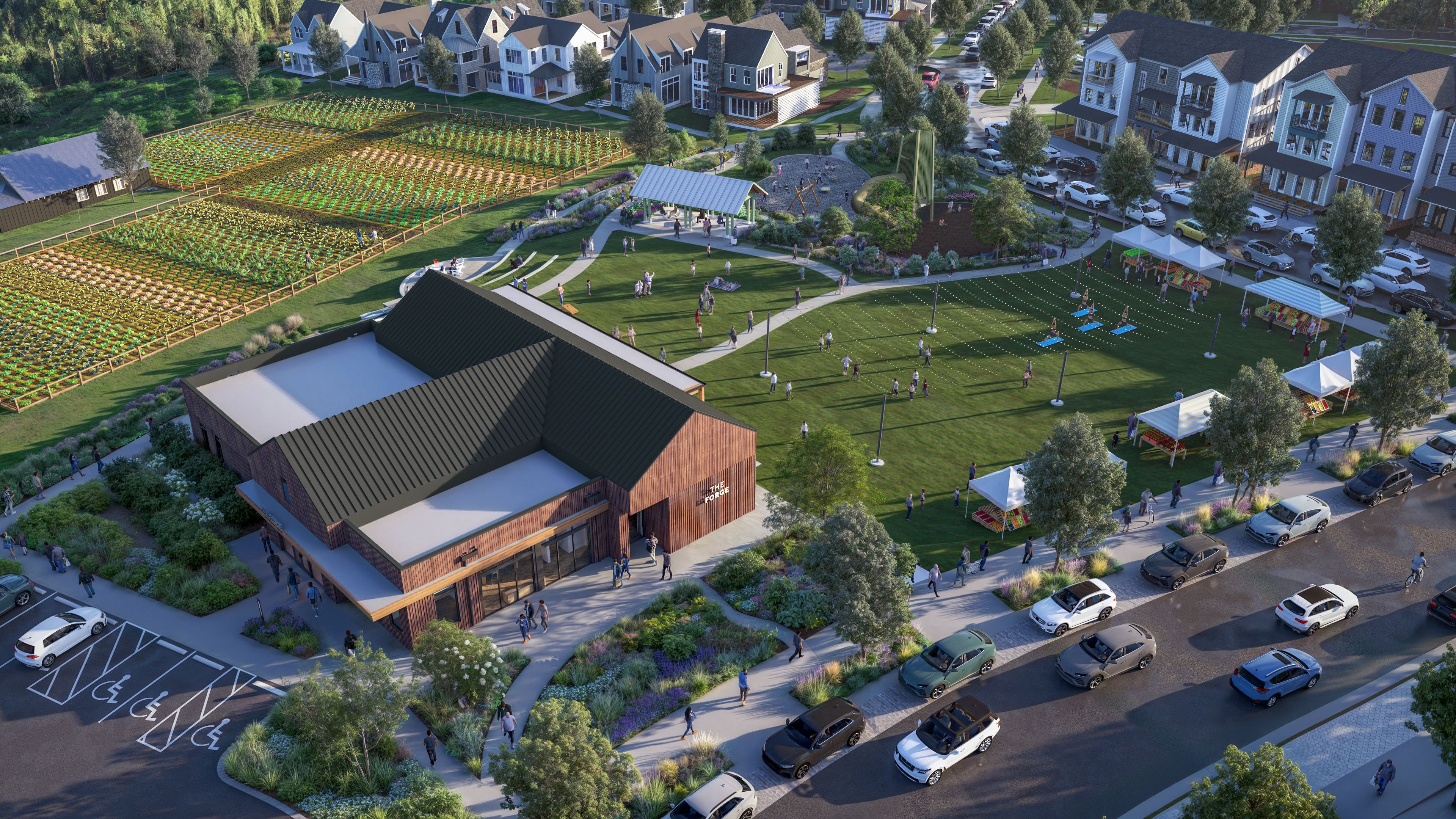 Rendering of green space and a building