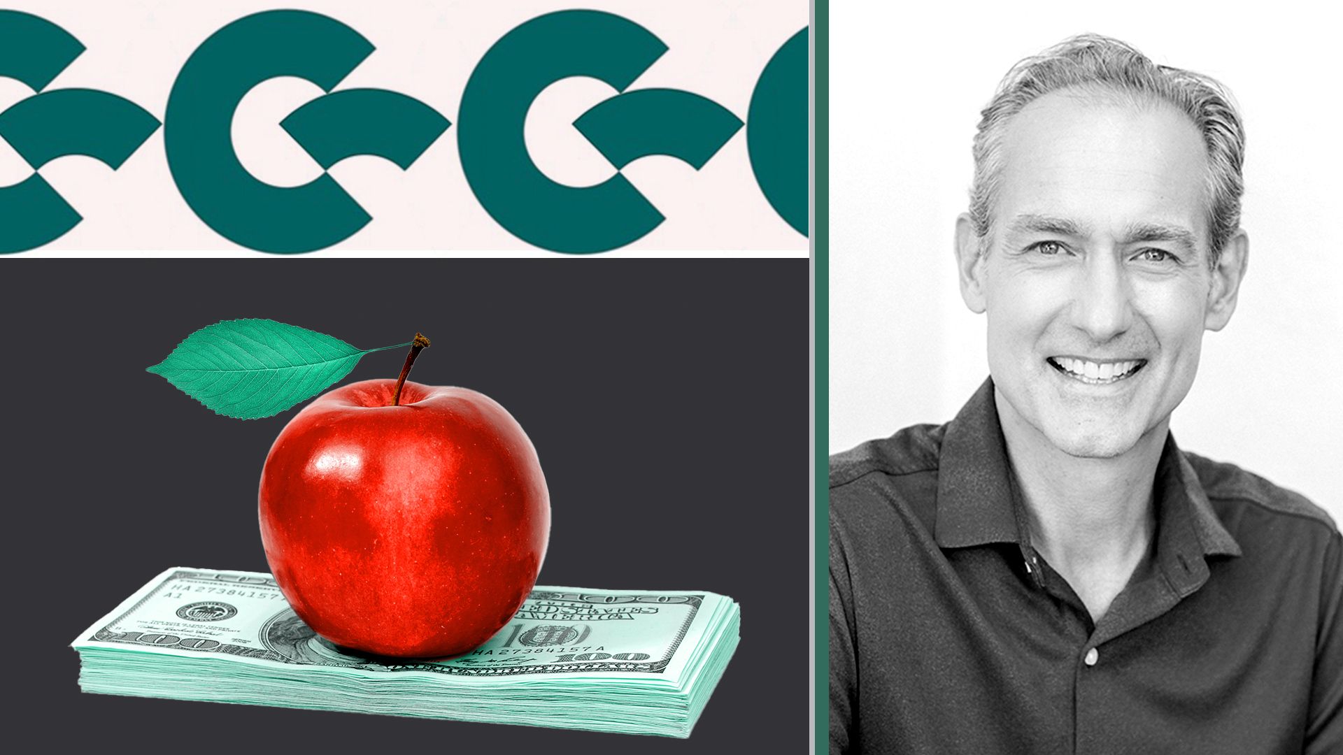 Photo illustration of Co-Founder and Co-Managing Partner of GroundForce Capital Mark Rampolla surrounded by a repeating pattern of the GroundForce Capital logo, and an apple on a stack of money. 