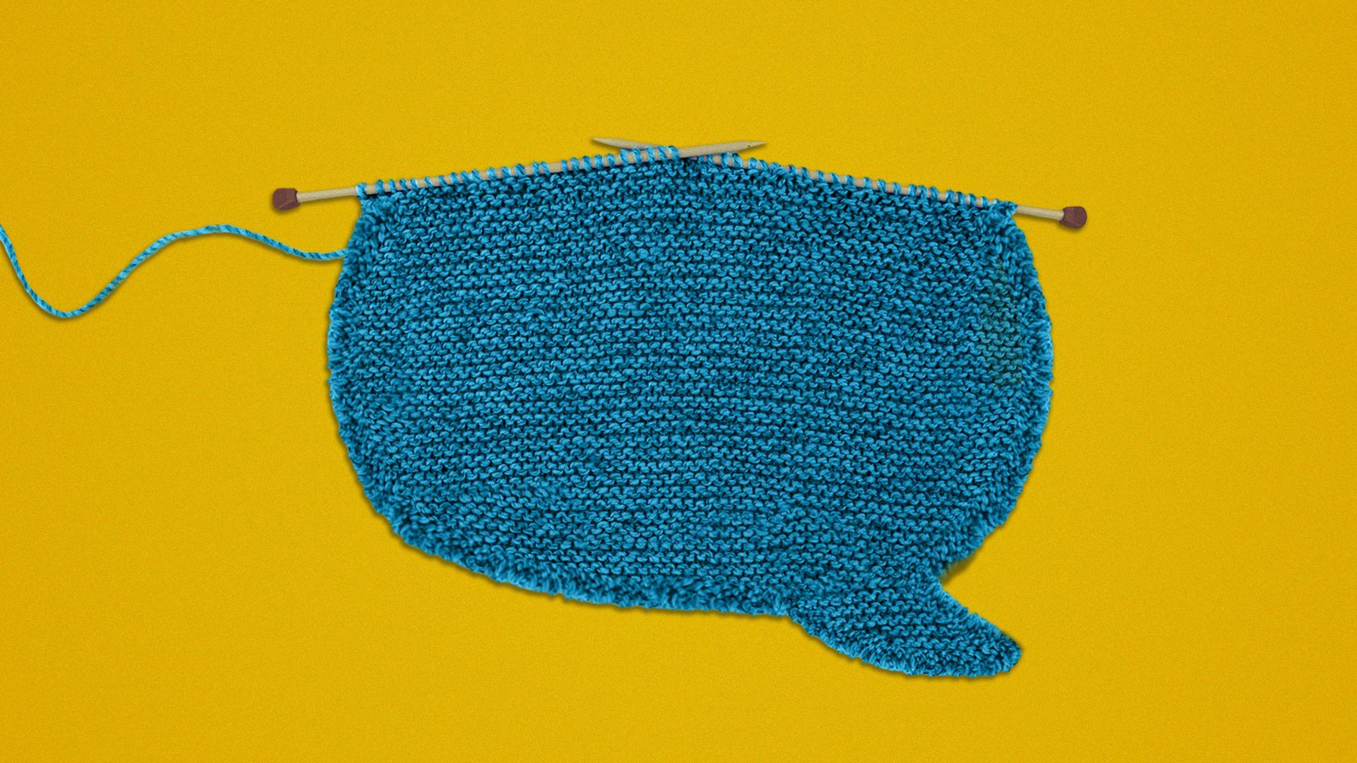 Illustration of knitting needles making a speech bubble.