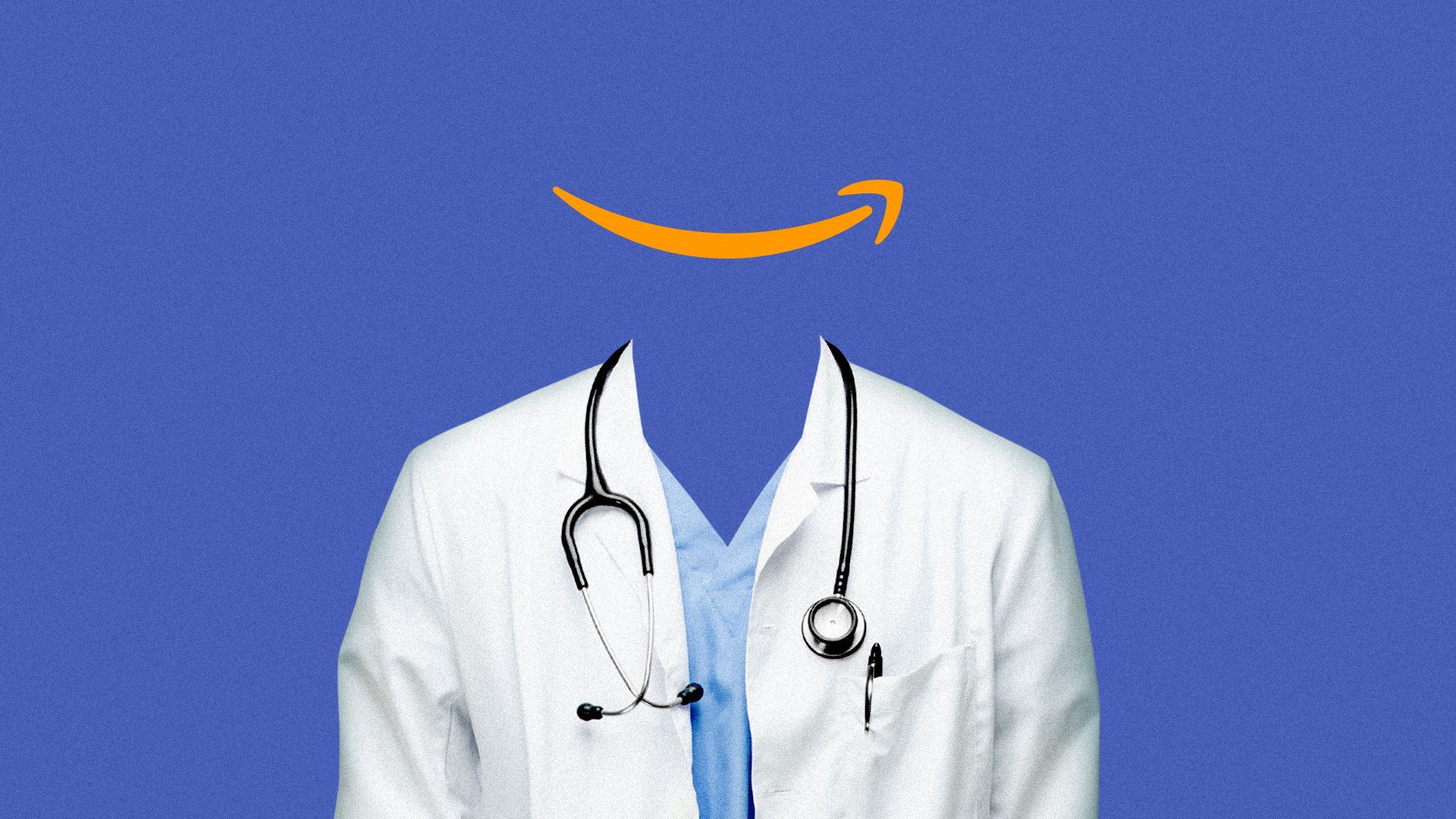 Illustration of an empty doctor's outfit with the Amazon smile logo as the face.