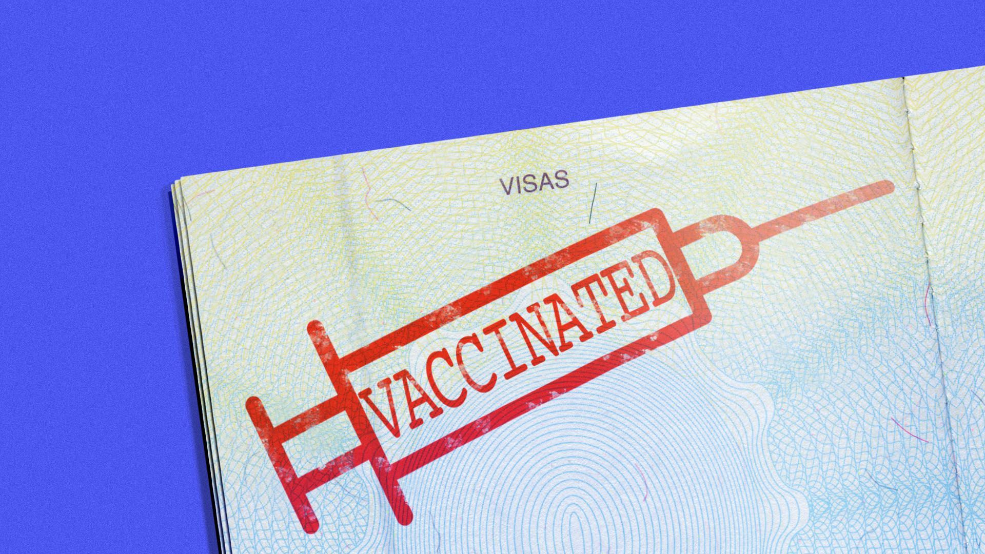 Illustration of a passport with a stamp on it shaped like a syringe that reads "vaccinated"