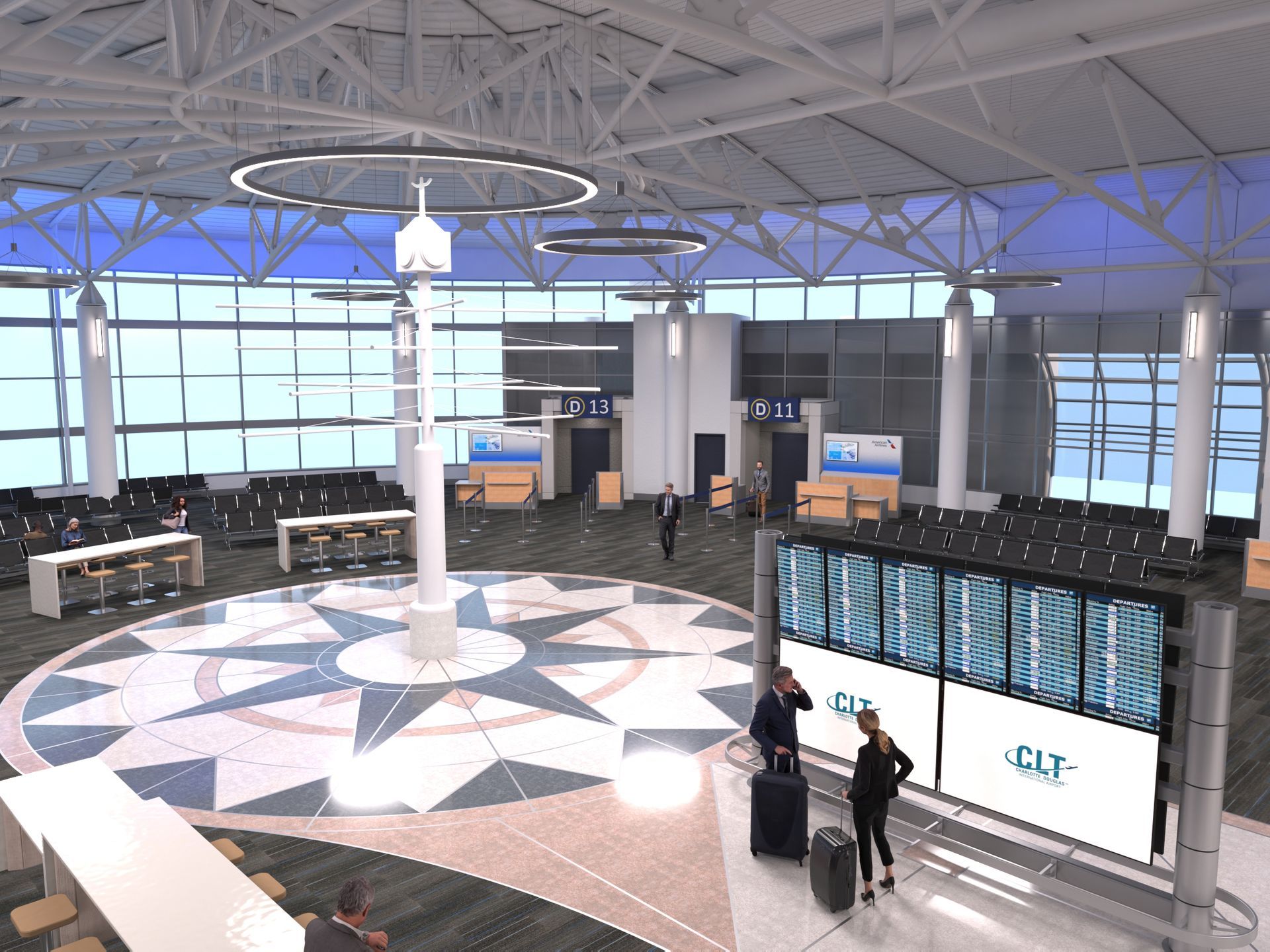 Interior of a modern airport concourse with glass walls, white steel beams, circular pendant lights, a large departures board, check-in counters, and travelers with luggage.