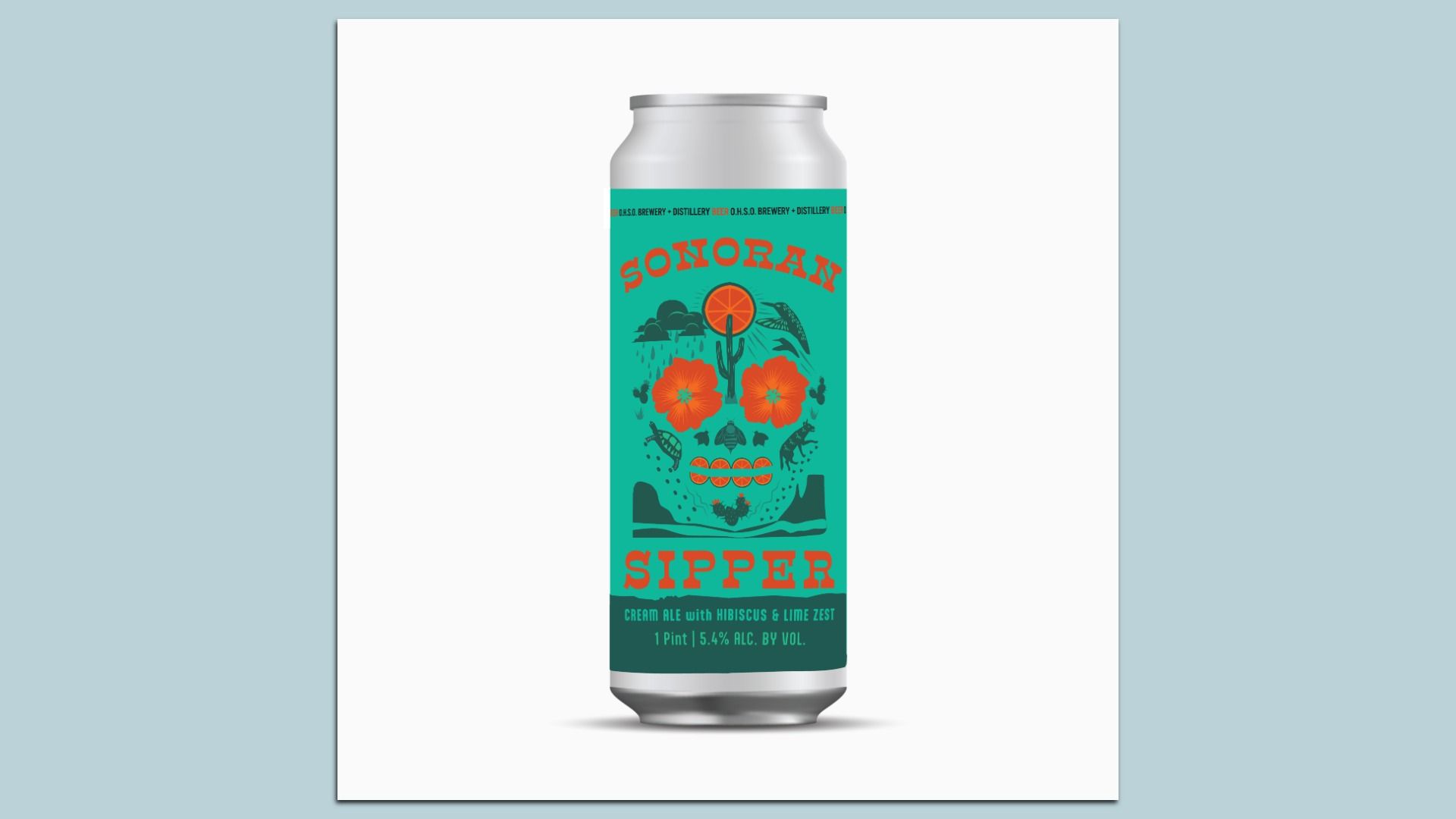 Silver can with turquoise label featuring red text "Sonoran Sipper" and a skull design made of desert plants and animals, cream ale with hibiscus and lime zest, 5.4% alc.