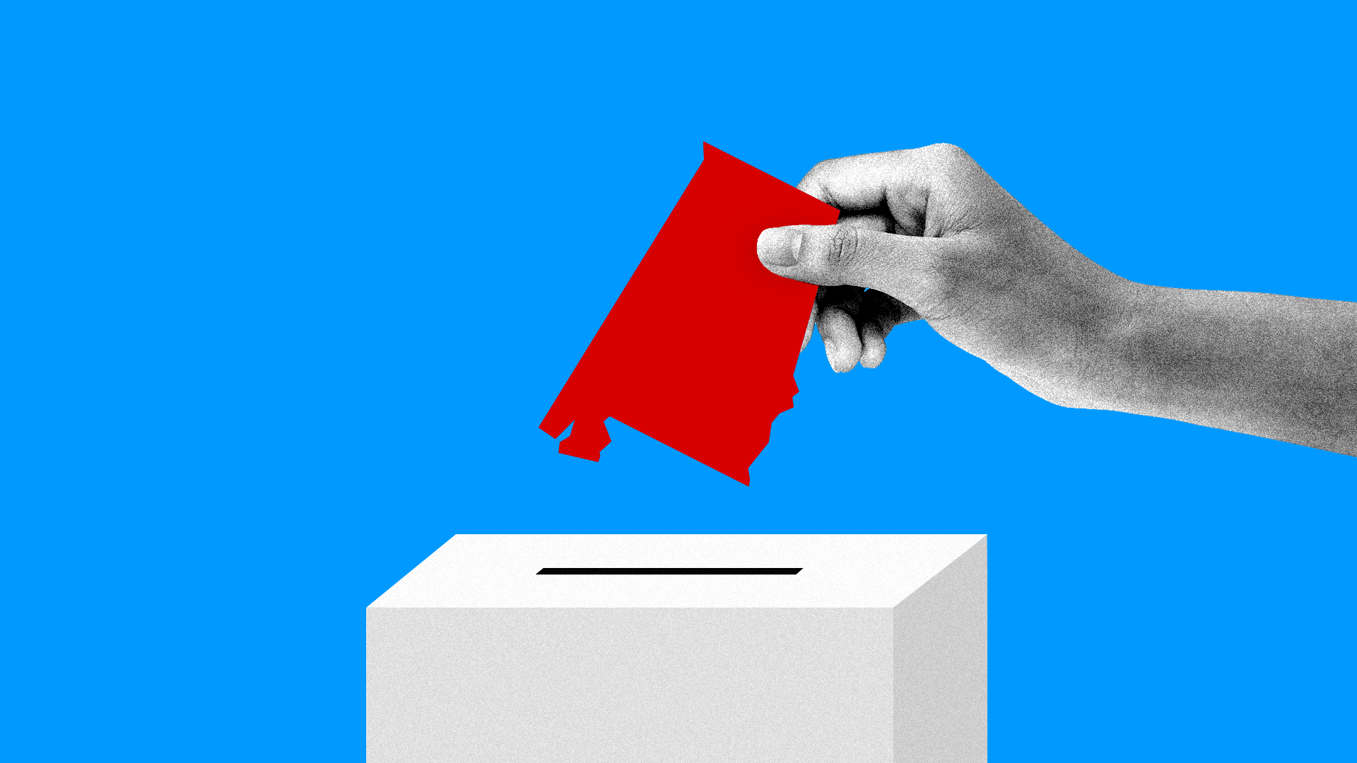 illustration of ballot box with ballot in the shape of Alabama
