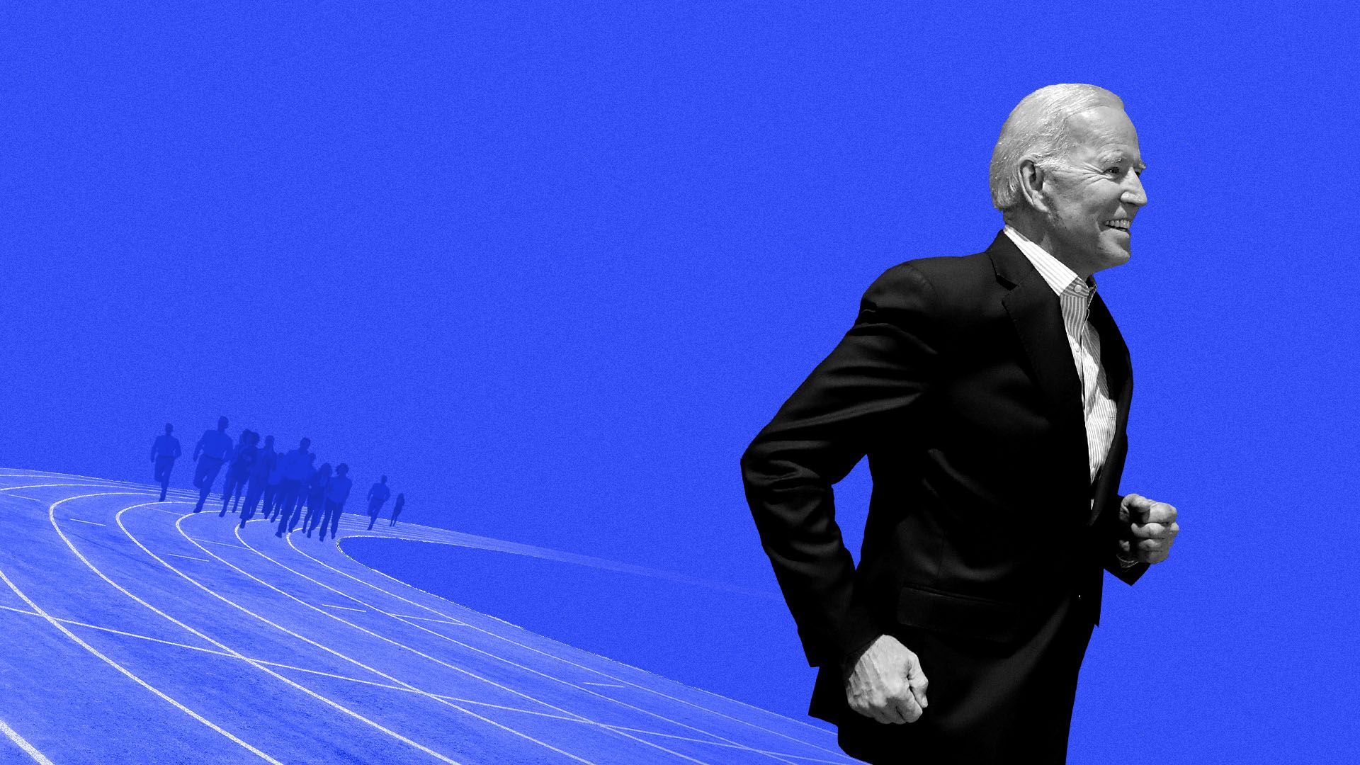 In this illustration, Biden outpaces other runners on a race track.