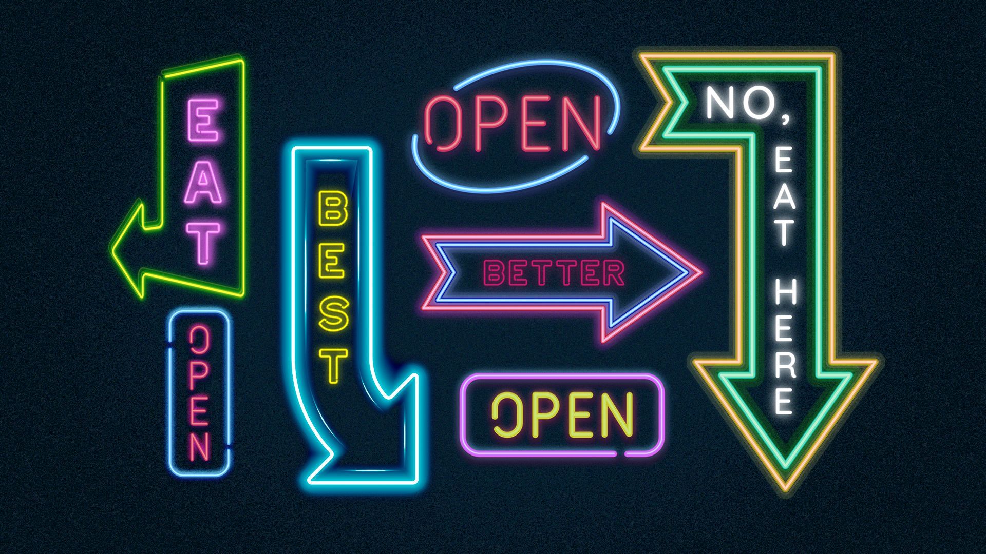 Illustration of competing restaurant neon signs.