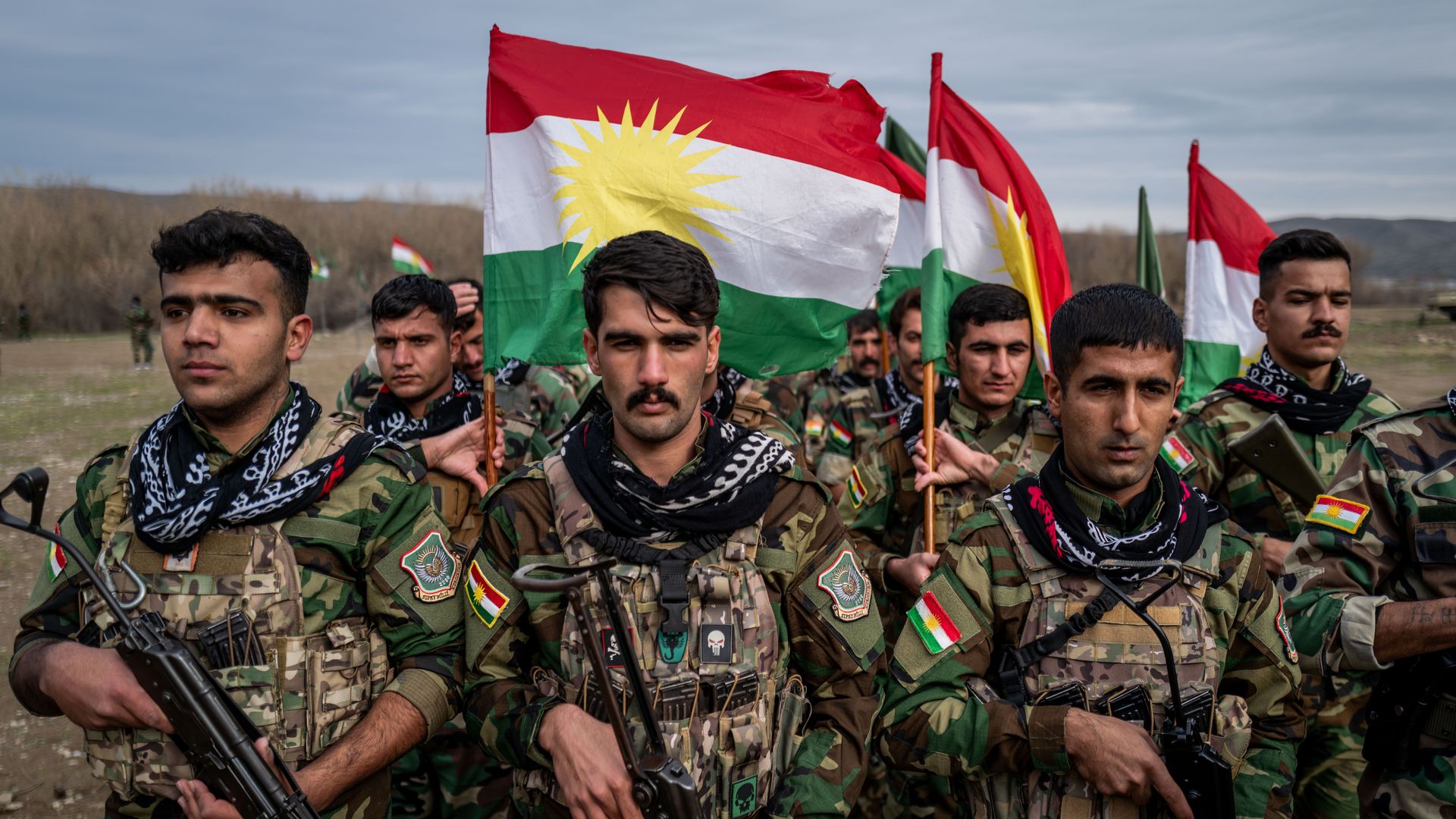 Kurdish Peshmerga fighters affiliated with PAK train on January 18, 2026 near Erbil, Iraq