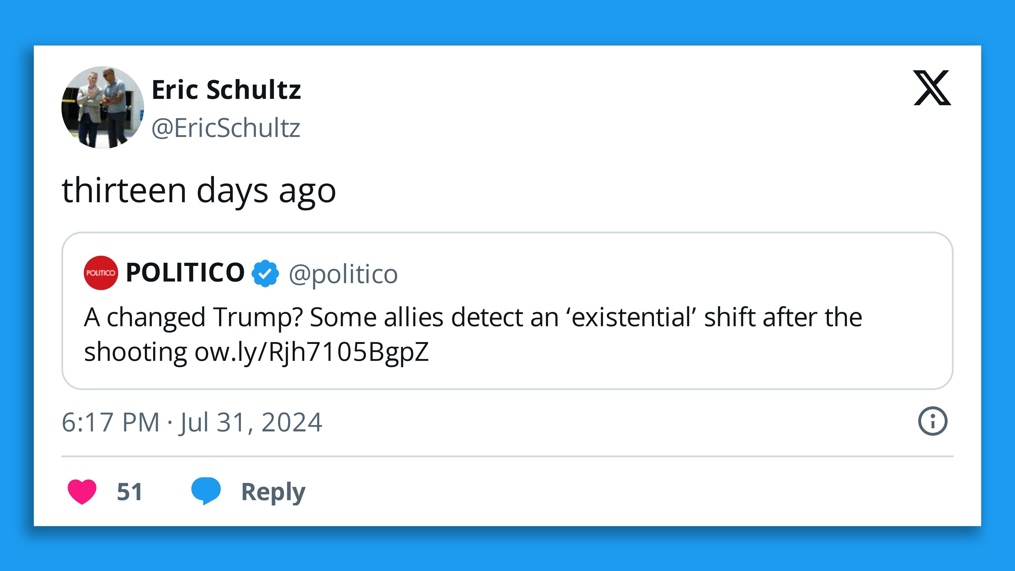 A quote tweet that says "thirteen days ago" above a news story about a potential Trump shift after his assassination attempt.