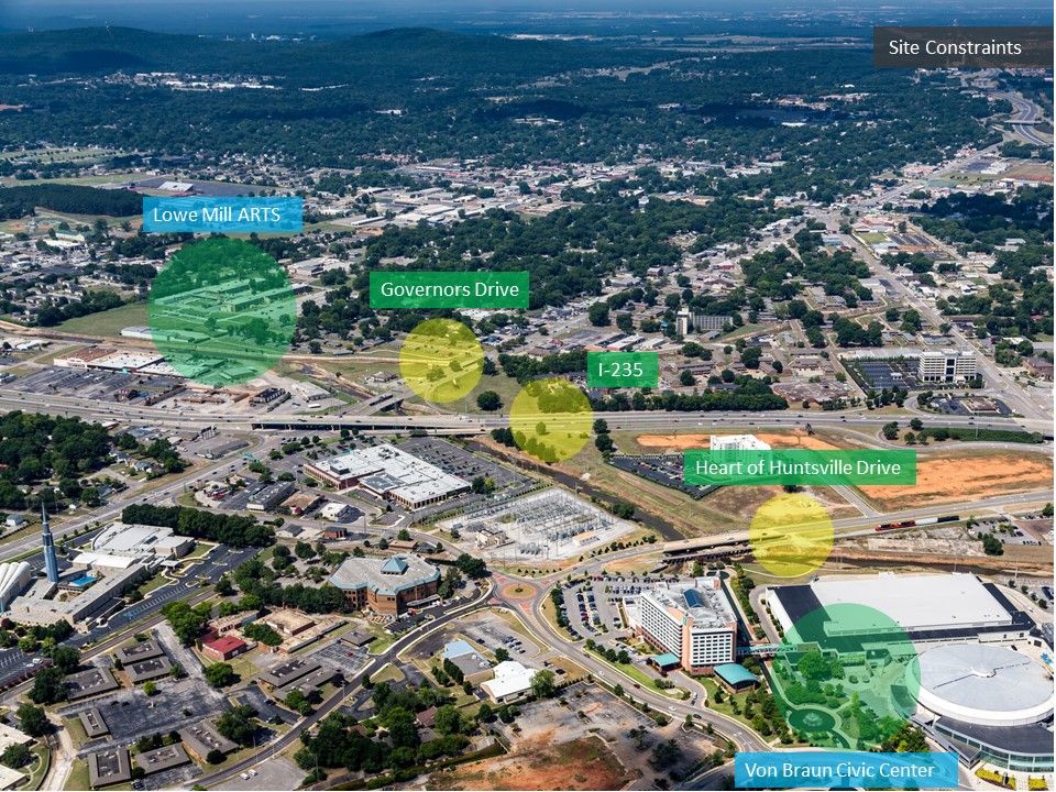 Aerial view of a city with labels marking Lowe Mill ARTS, Governors Drive, I-235, Heart of Huntsville Drive, and Von Braun Civic Center amid buildings, roads, and green spaces.