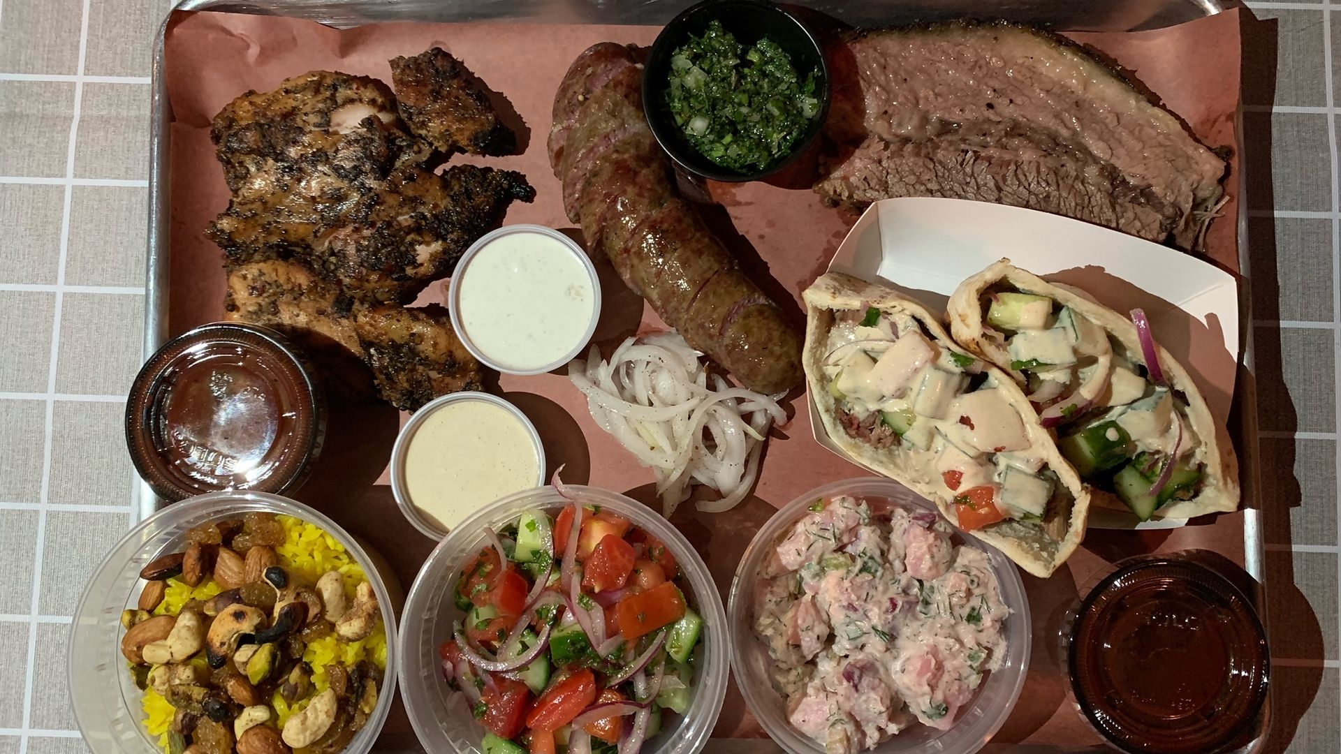 Dishes at an Egyptian-BBQ restaurant.