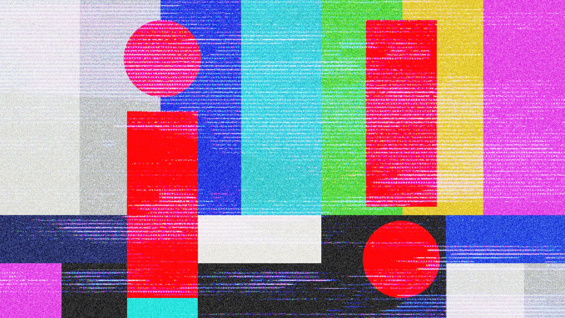Illustration of a TV test pattern with an upside down exclamation point and a right-side up exclamation point.