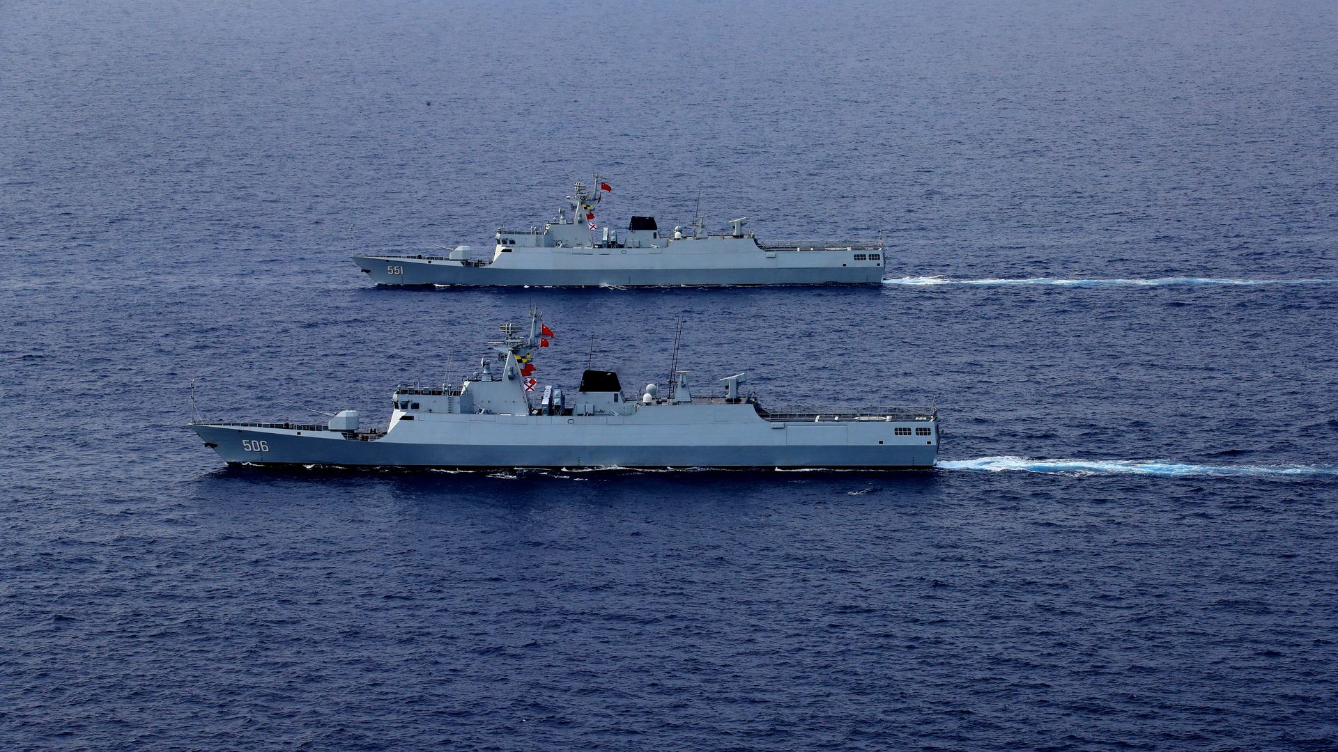 A Chinese PLA Navy fleet taking part in a review in the South China Sea last month. 