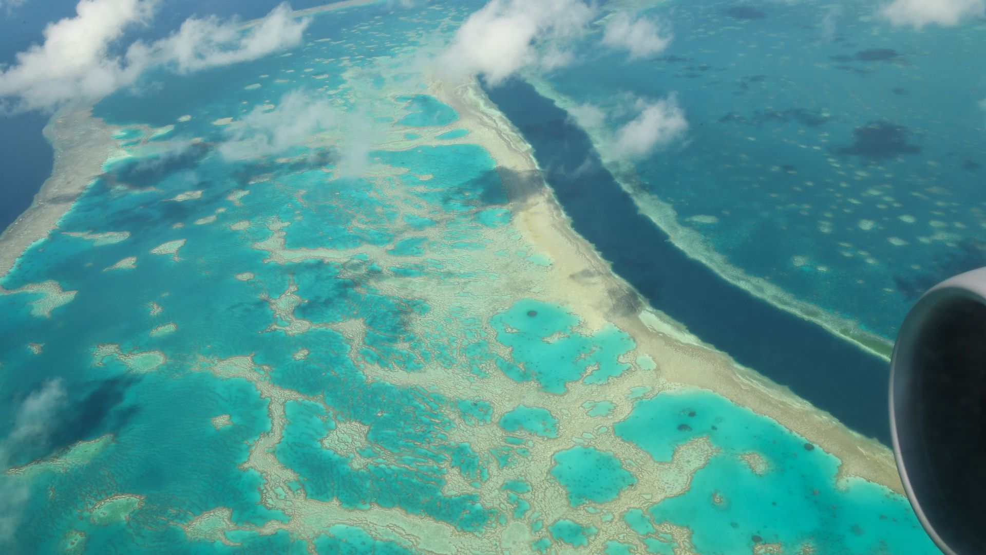 A plane flies close to the Great Barrier Reef, Queensland on October 10, 2020 in Great Barrier Reef, Australia. 