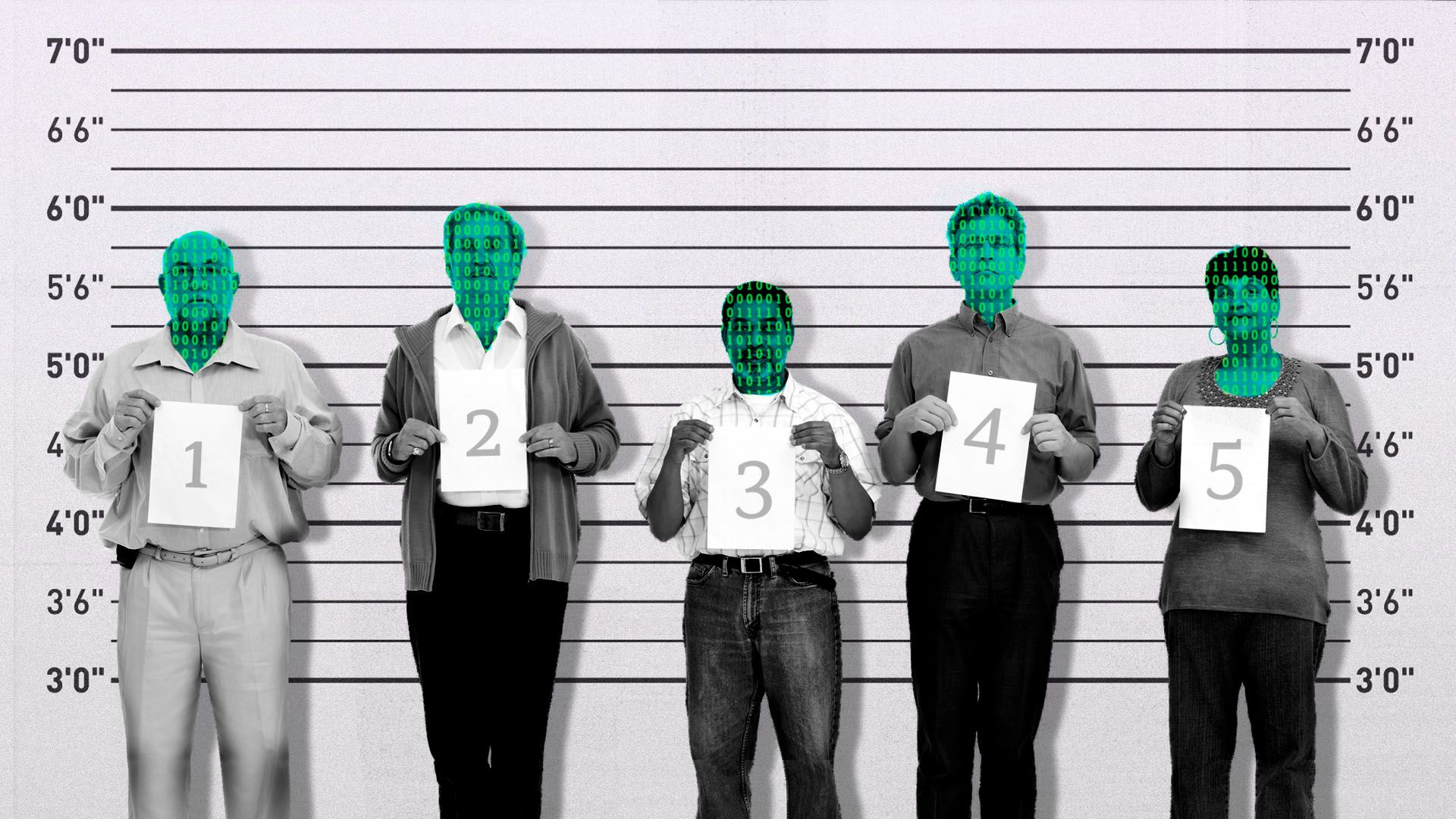 Illustration of a police line-up with binary code over the people's faces