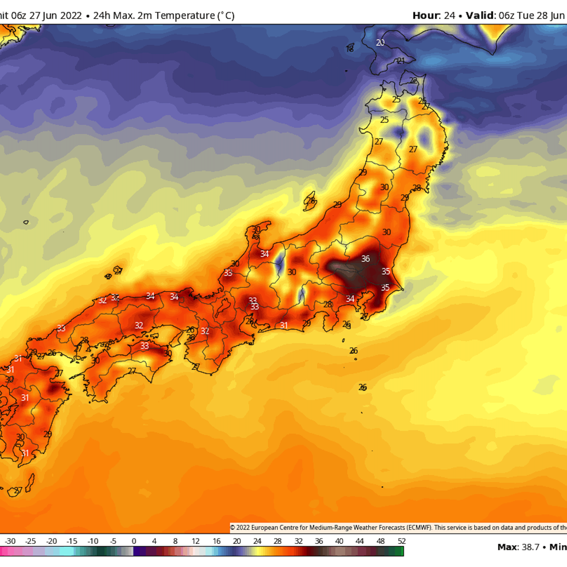 Computer model map of forecast highs in Japan on June 28, 2022.
