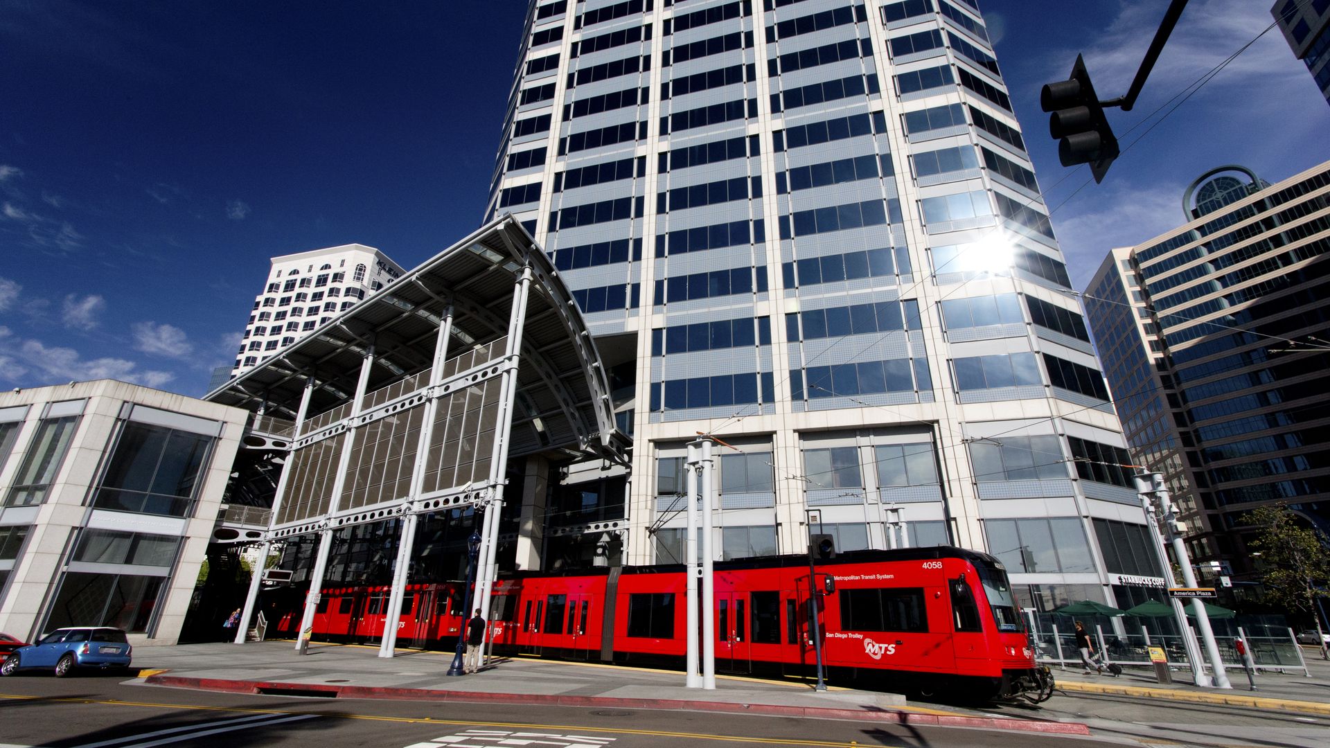 San Diego Trolley leaving the America Plaza stop