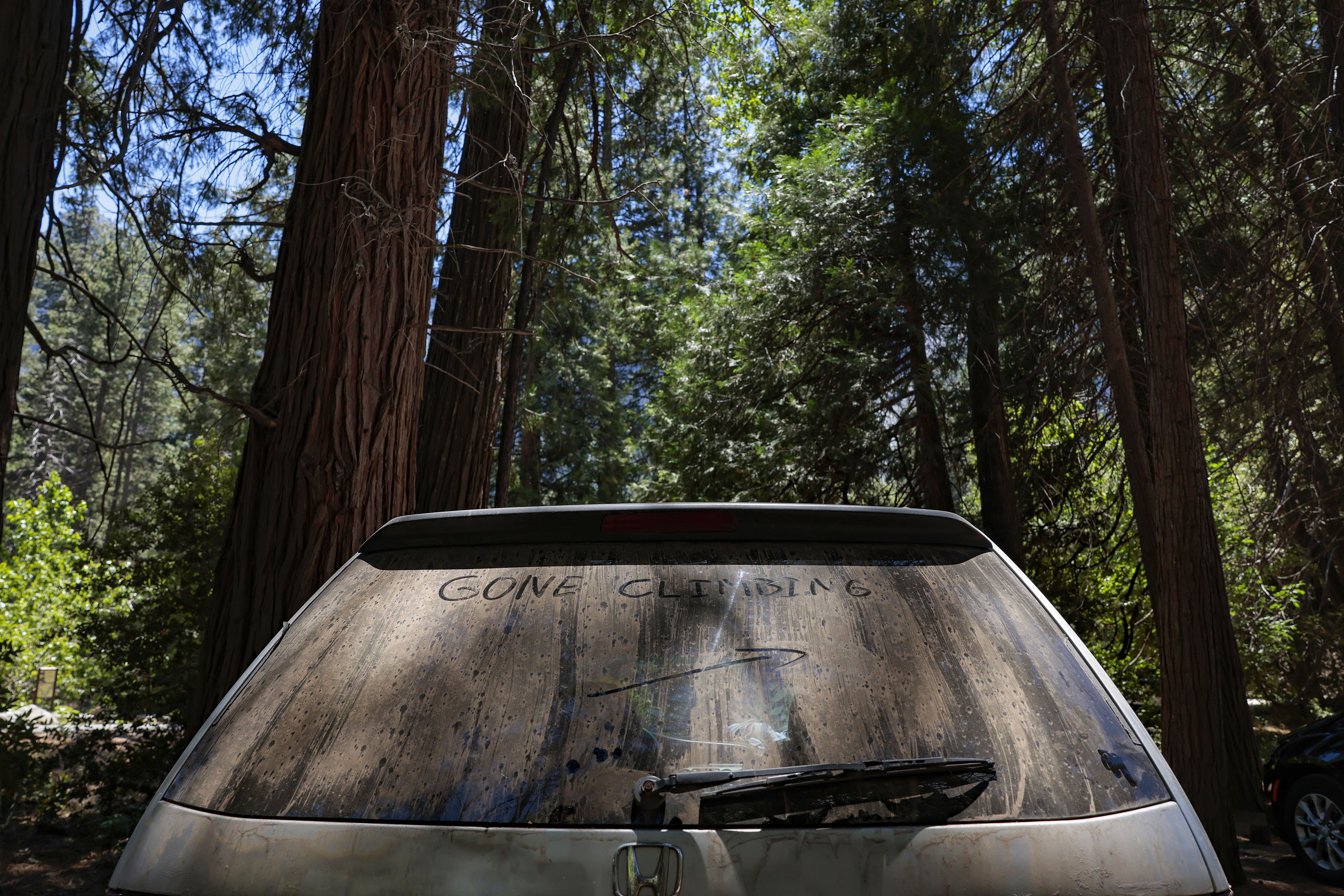 The back windshield of a car has "GONE CLIMBING" traced into the dirt