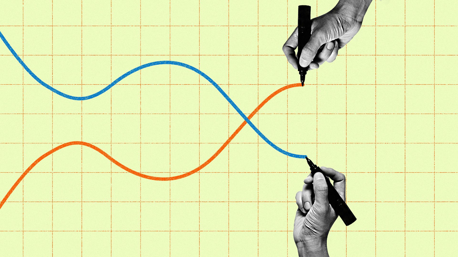 In this illustration, two hands draw parallel yield curves that rise and fall in opposite directions.