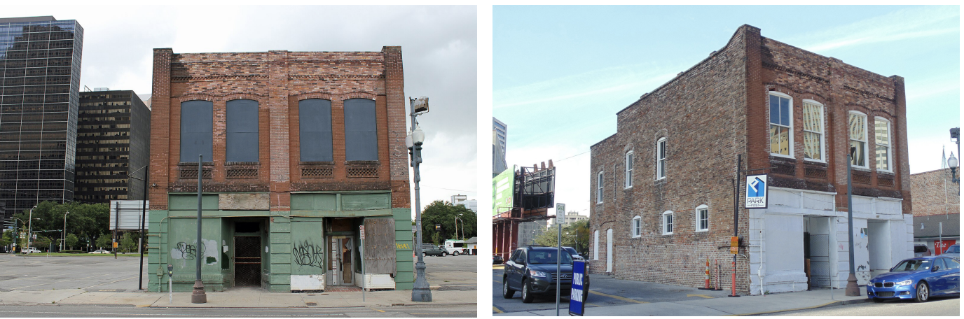 Two images of an old, two-story brick building with boarded windows and doors; the left image shows a green base with graffiti, the right shows white painted lower walls and parked cars nearby.