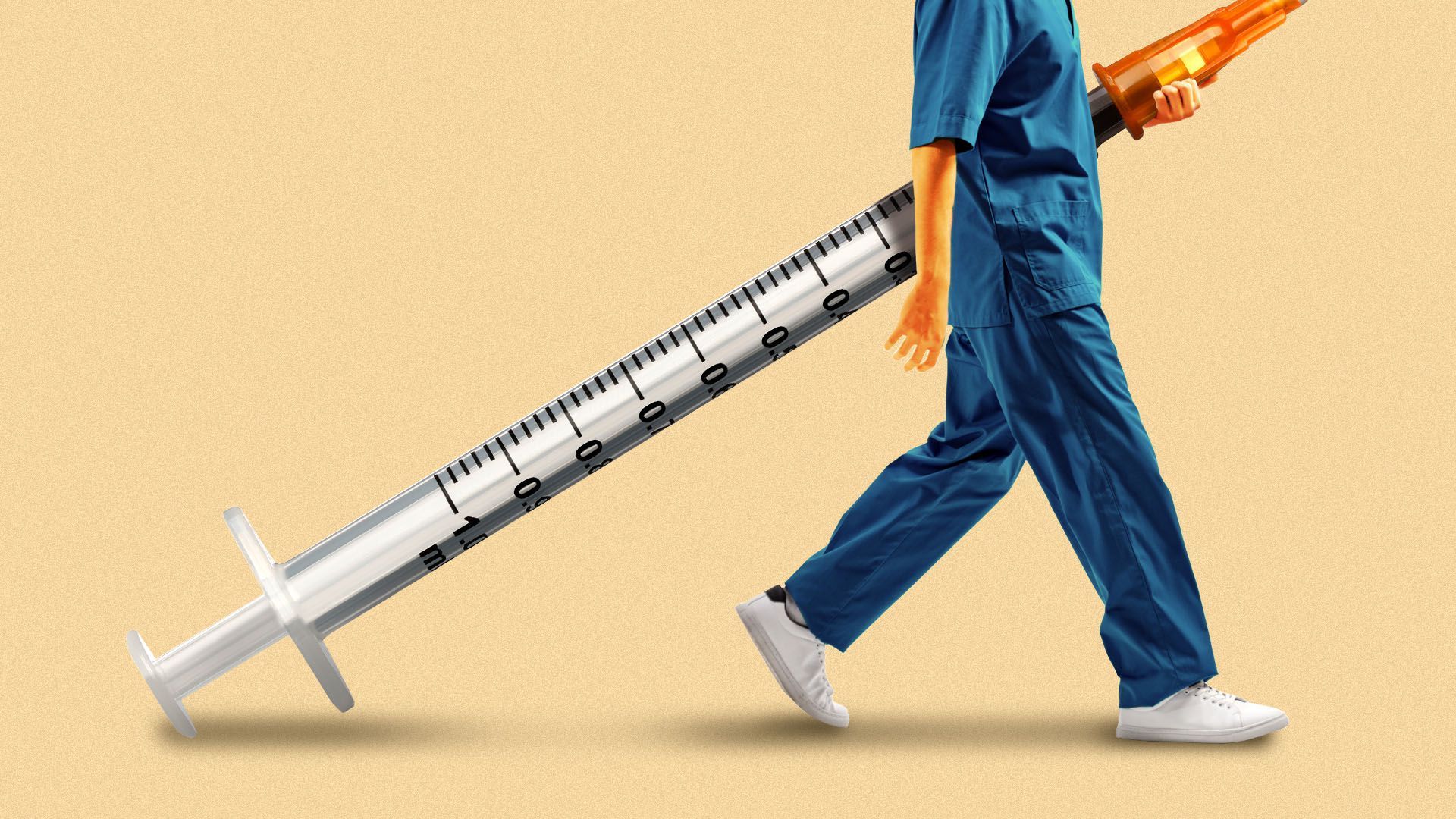 Illustration of a healthcare worker carrying a giant syringe