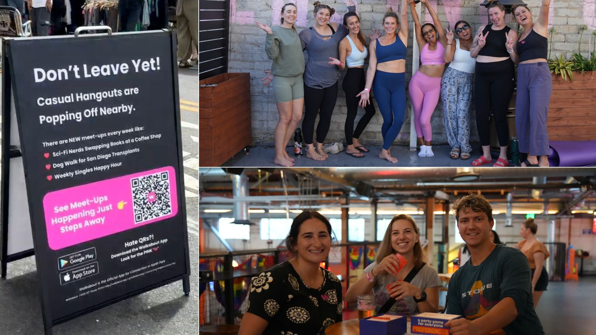 Sign promoting casual hangouts like sci-fi book swaps, dog walks, and singles happy hour; group of seven women in activewear posing outdoors; three people smiling indoors playing a party game.